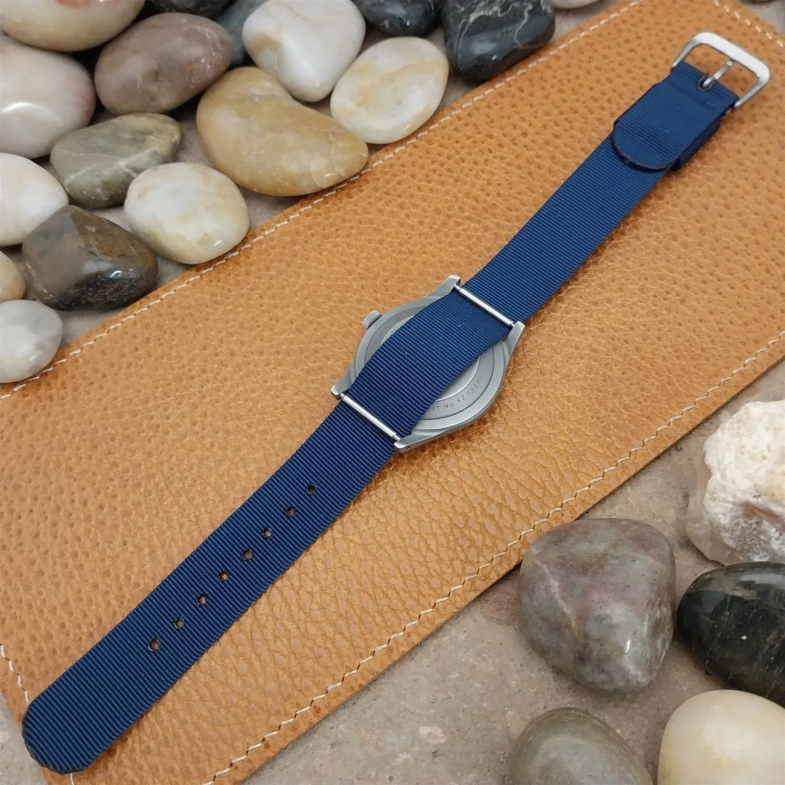 18mm Blue Nylon Single Pass Unused Vintage Watch Band & Bead Blasted Buckle