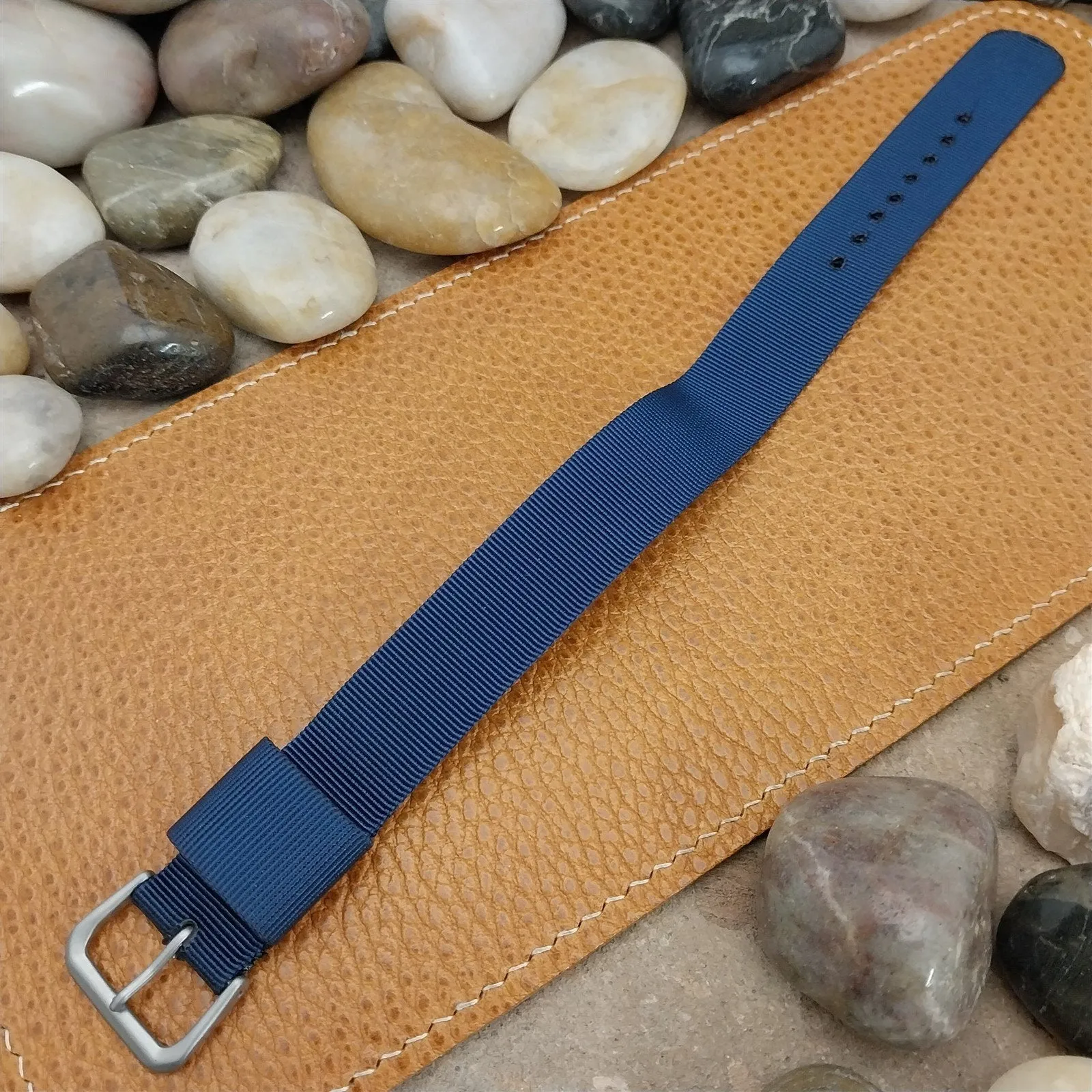 18mm Blue Nylon Single Pass Unused Vintage Watch Band & Bead Blasted Buckle