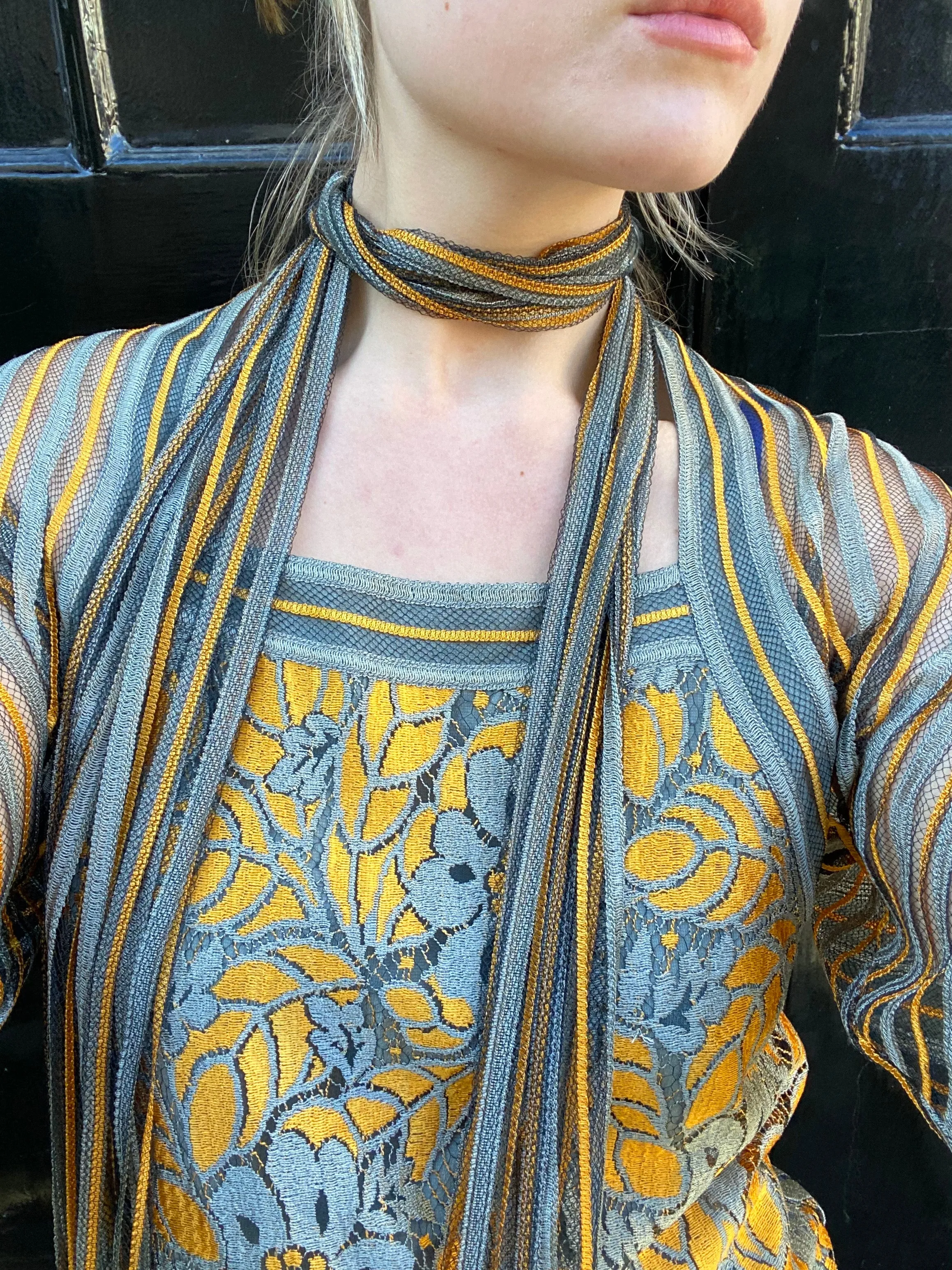 1970s Janice Wainwright Grey and Gold Flapper Style Dress