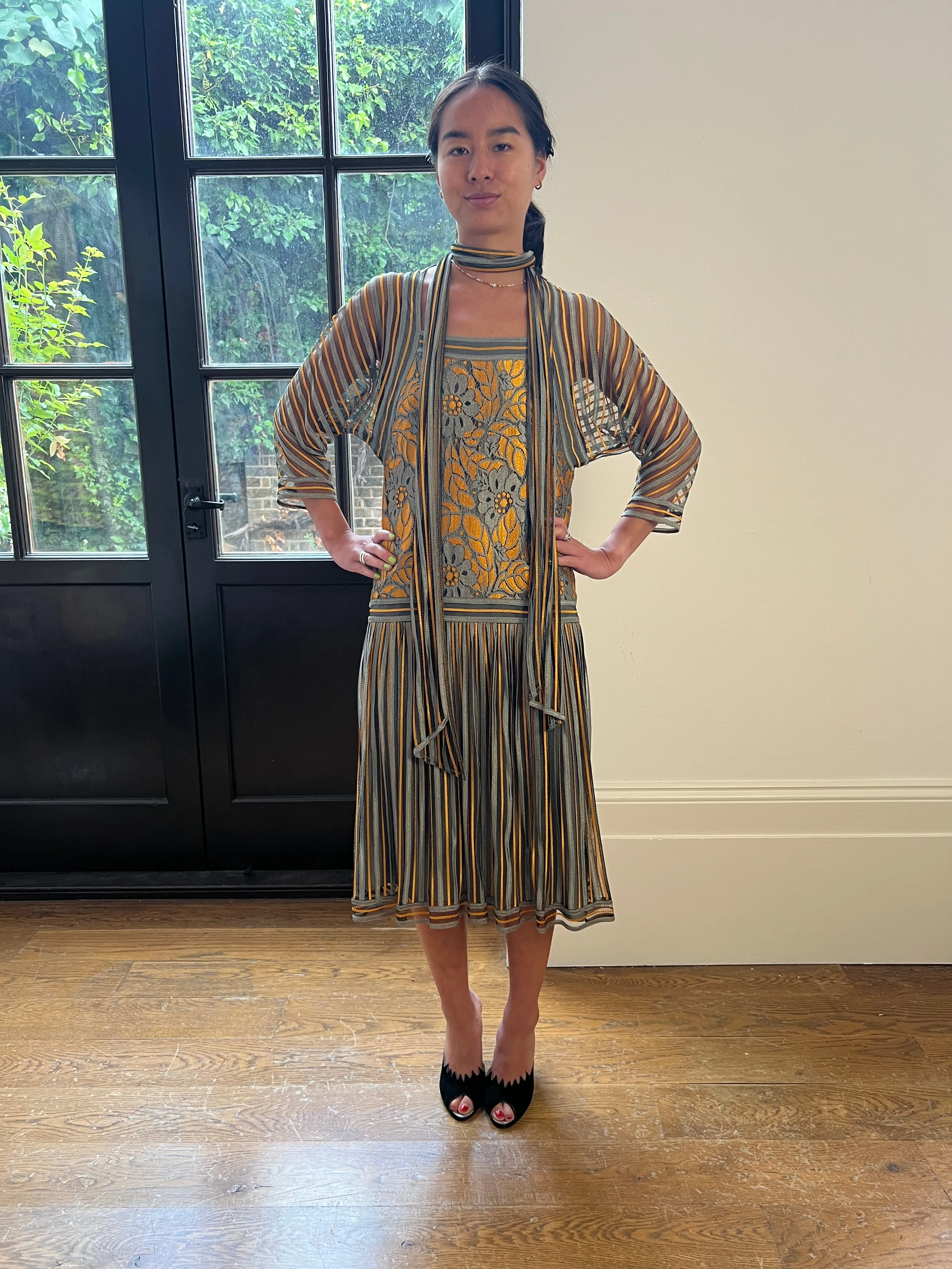 1970s Janice Wainwright Grey and Gold Flapper Style Dress