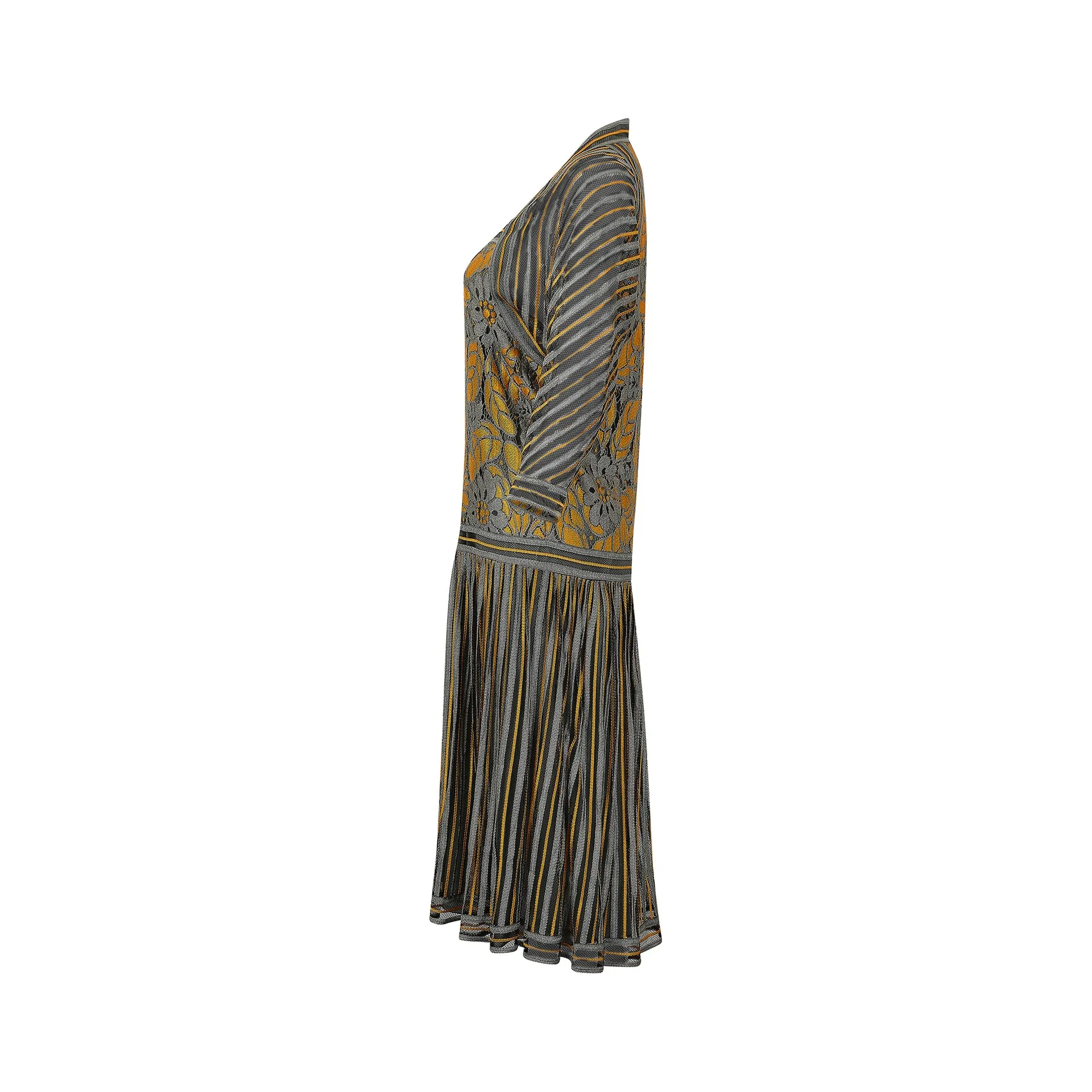 1970s Janice Wainwright Grey and Gold Flapper Style Dress