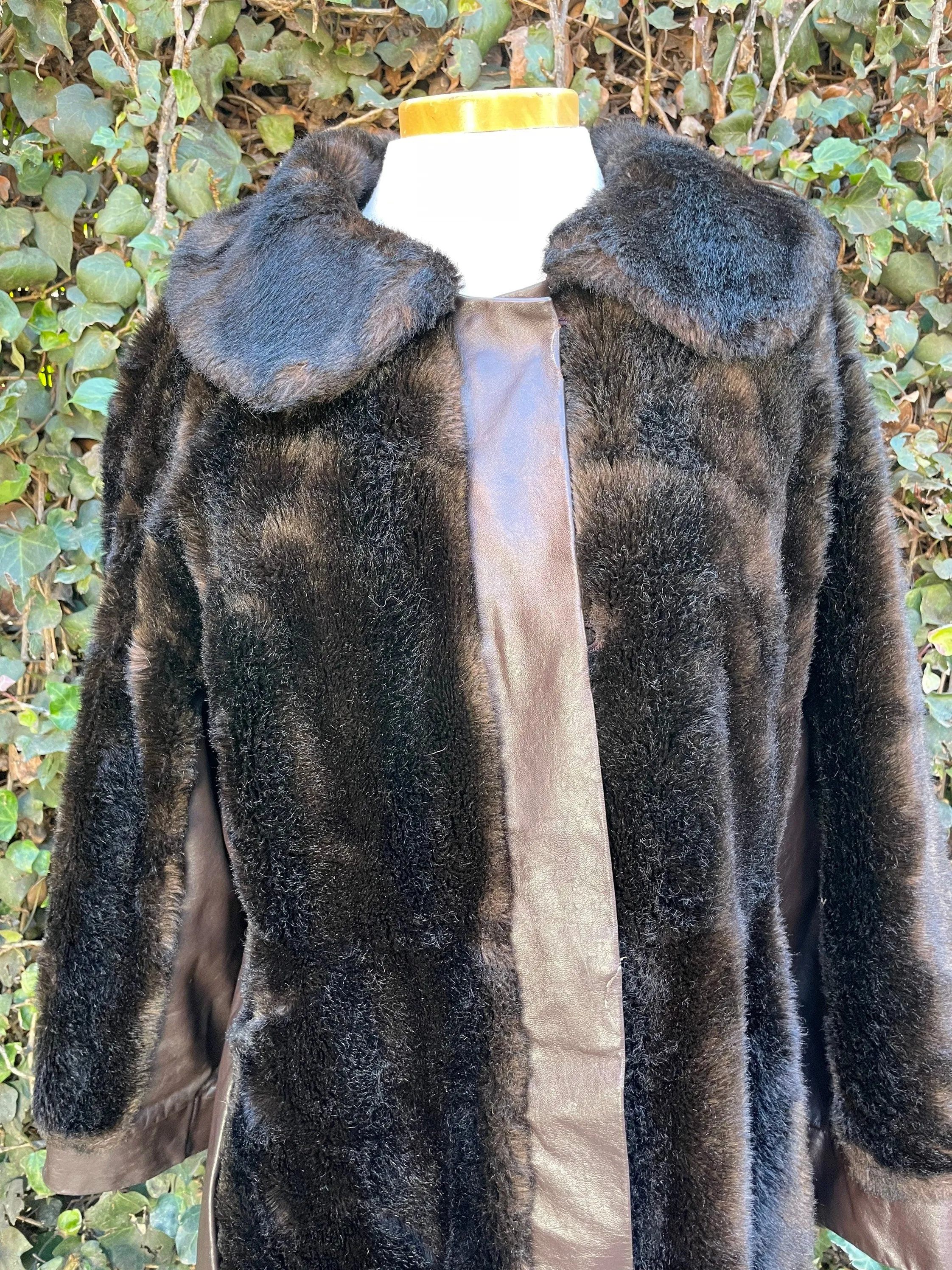 1970’s Vintage Faux Bear Fur & Genuine Leather Long Trench Coat Made in UK