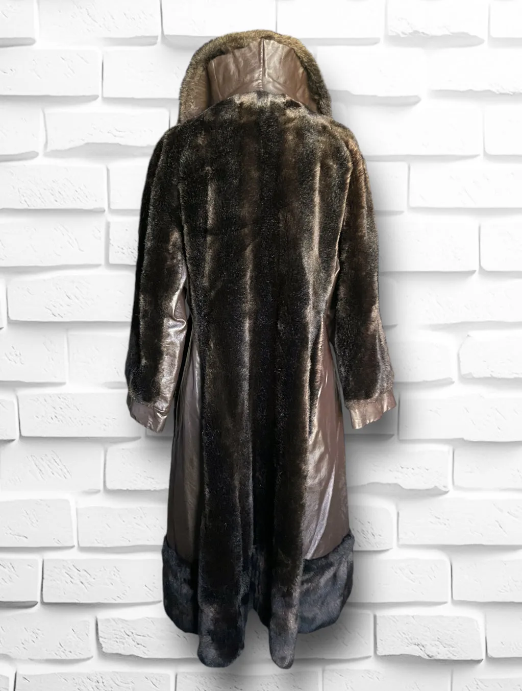 1970’s Vintage Faux Bear Fur & Genuine Leather Long Trench Coat Made in UK