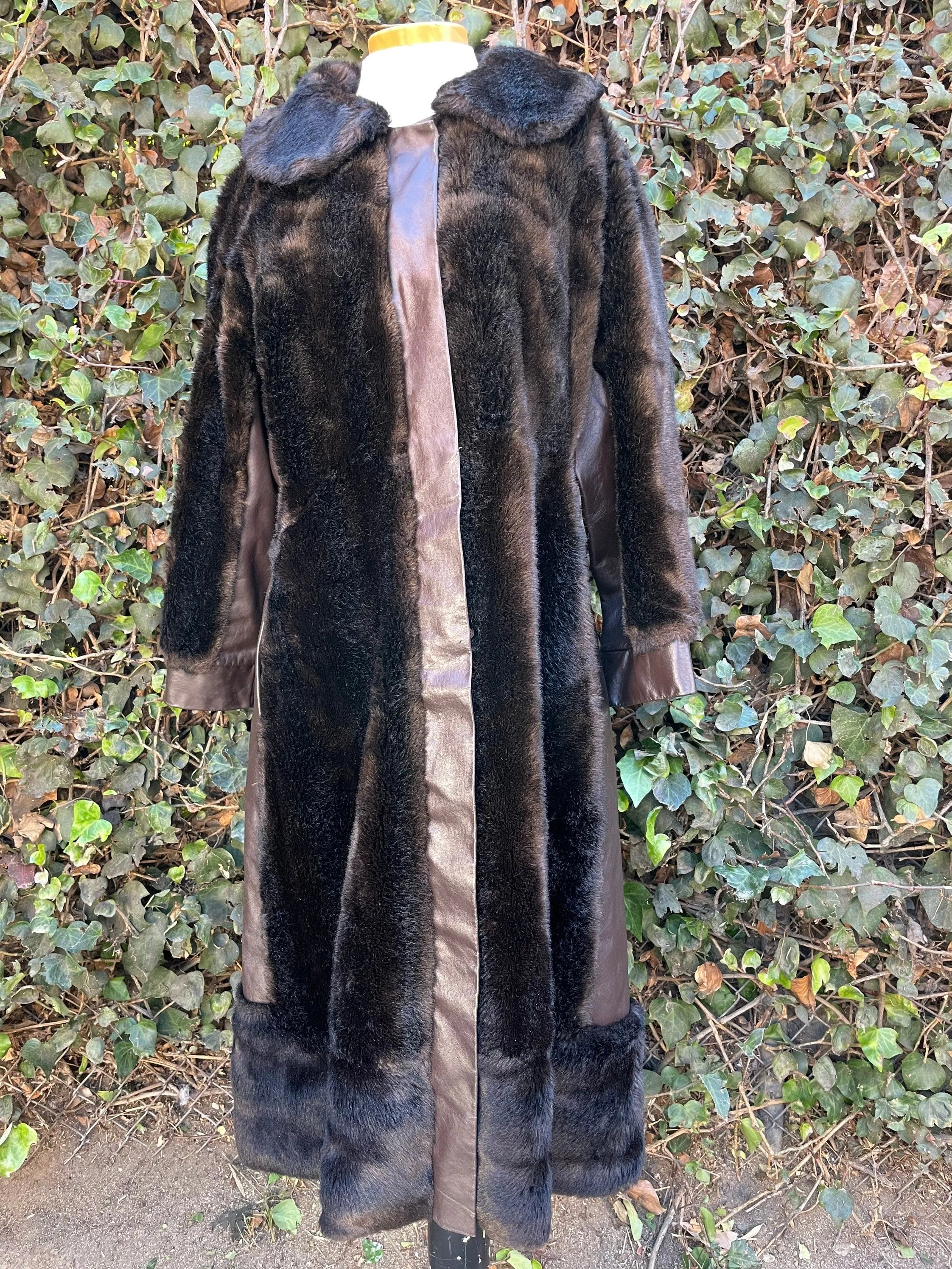 1970’s Vintage Faux Bear Fur & Genuine Leather Long Trench Coat Made in UK