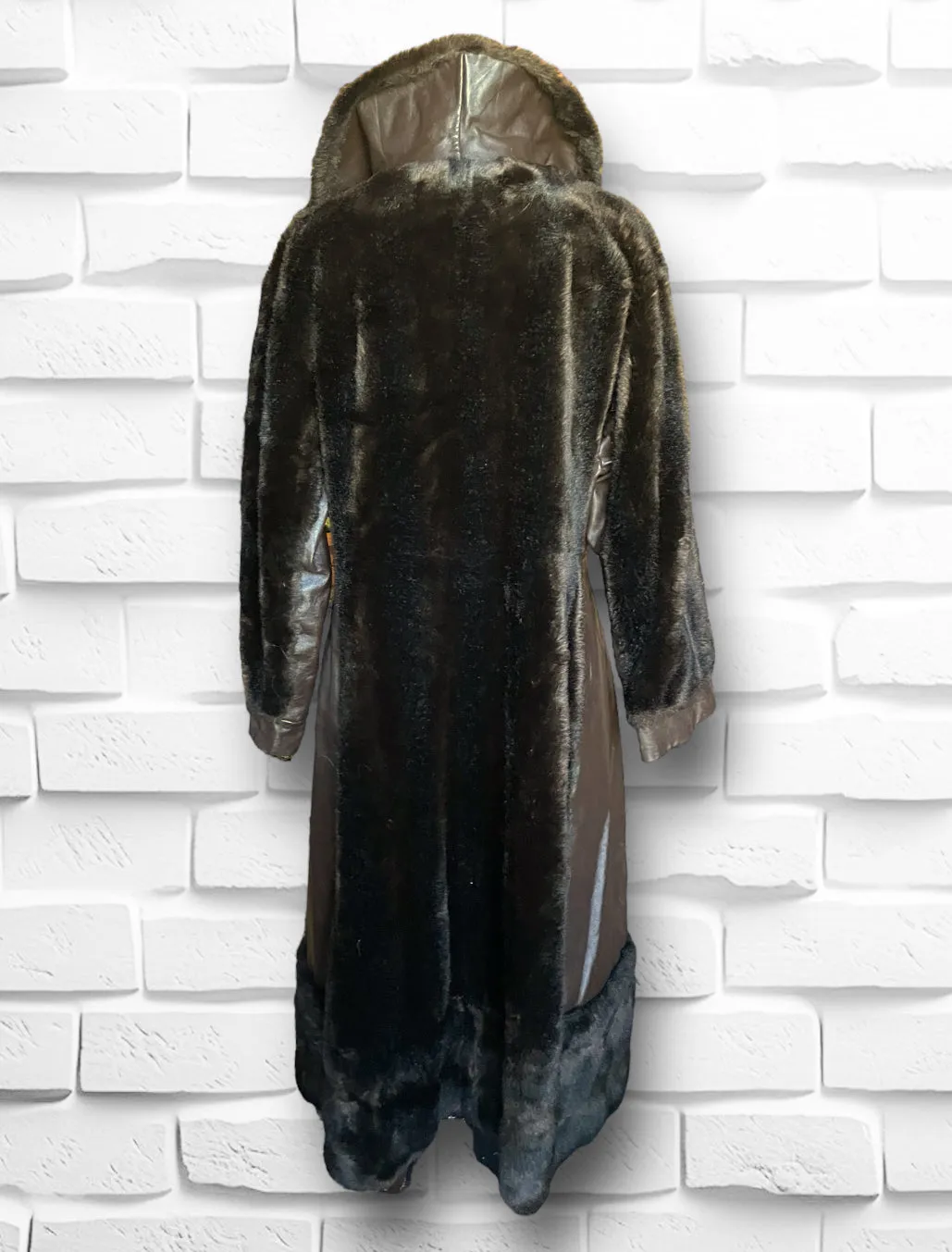 1970’s Vintage Faux Bear Fur & Genuine Leather Long Trench Coat Made in UK