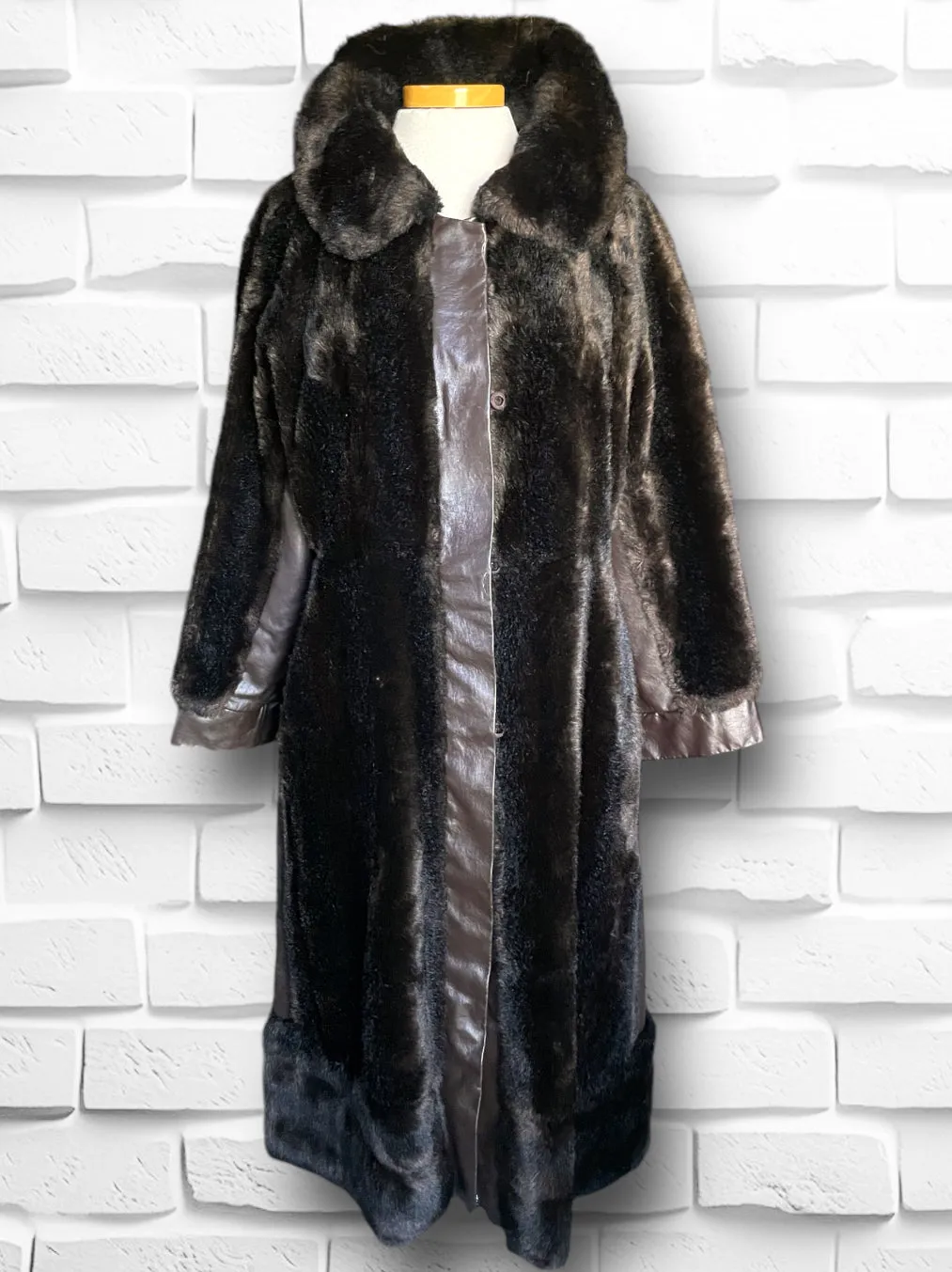 1970’s Vintage Faux Bear Fur & Genuine Leather Long Trench Coat Made in UK