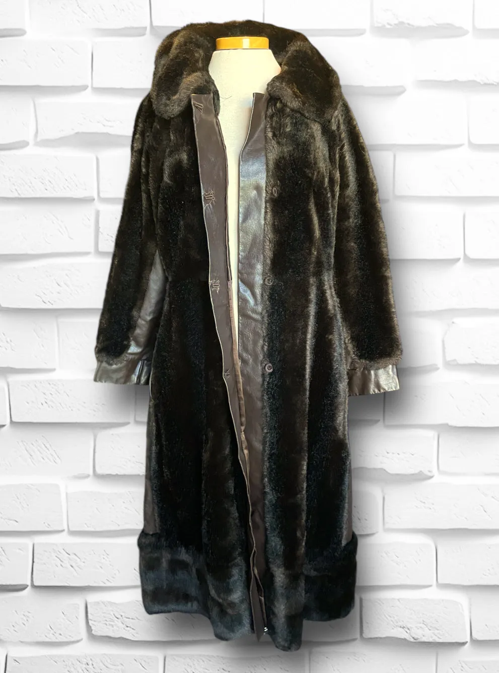 1970’s Vintage Faux Bear Fur & Genuine Leather Long Trench Coat Made in UK