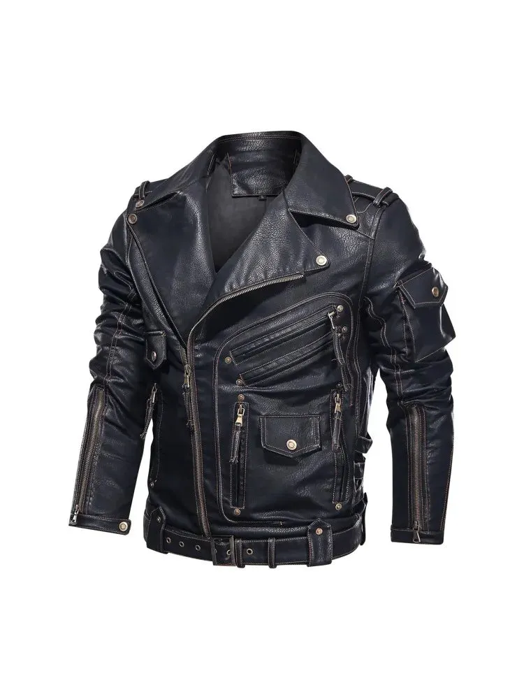 2024 Men's Multi-Pocket PU Leather Motorcycle Jacket - Hardman Style with Flip Collar for Spring & Autumn Wear