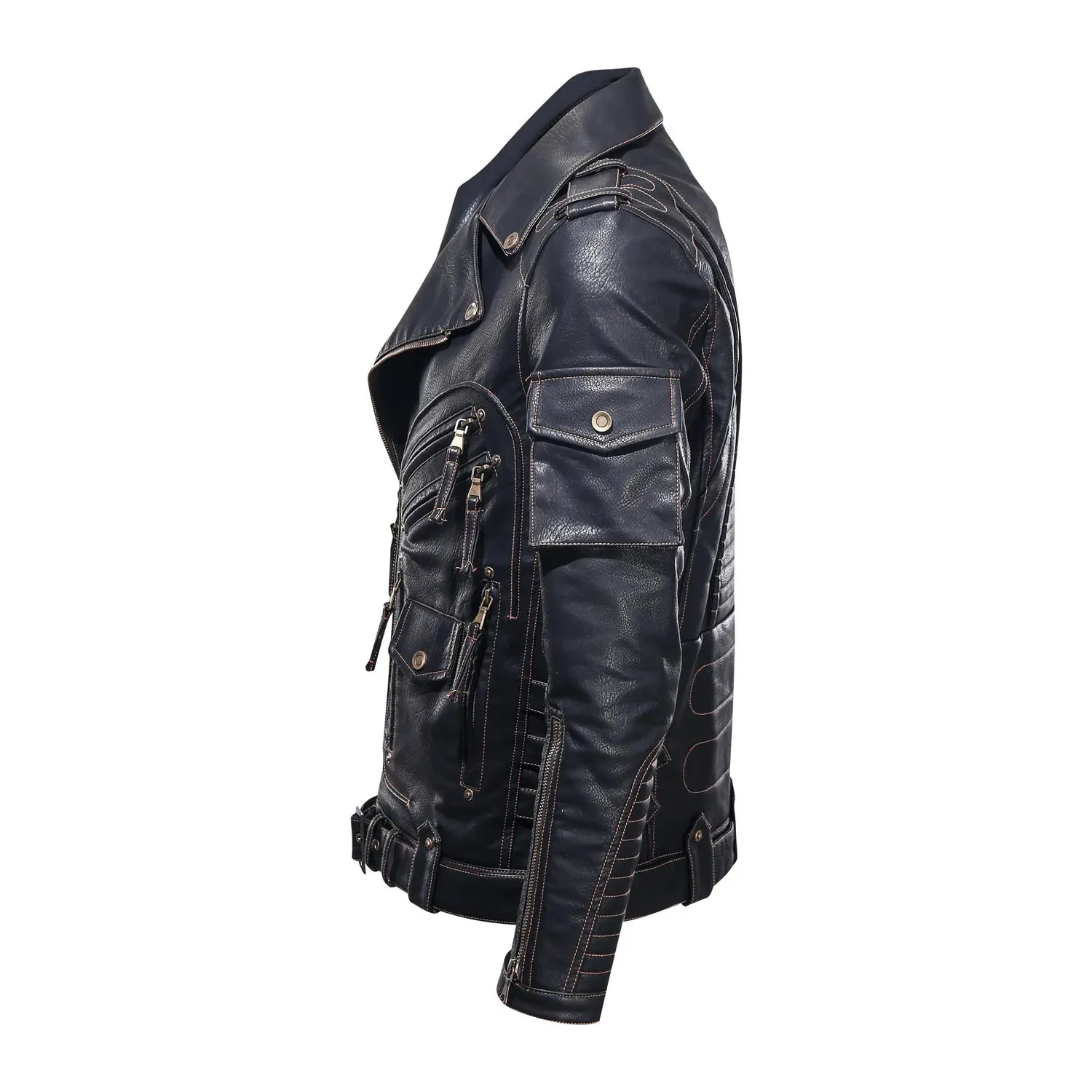 2024 Men's Multi-Pocket PU Leather Motorcycle Jacket - Hardman Style with Flip Collar for Spring & Autumn Wear