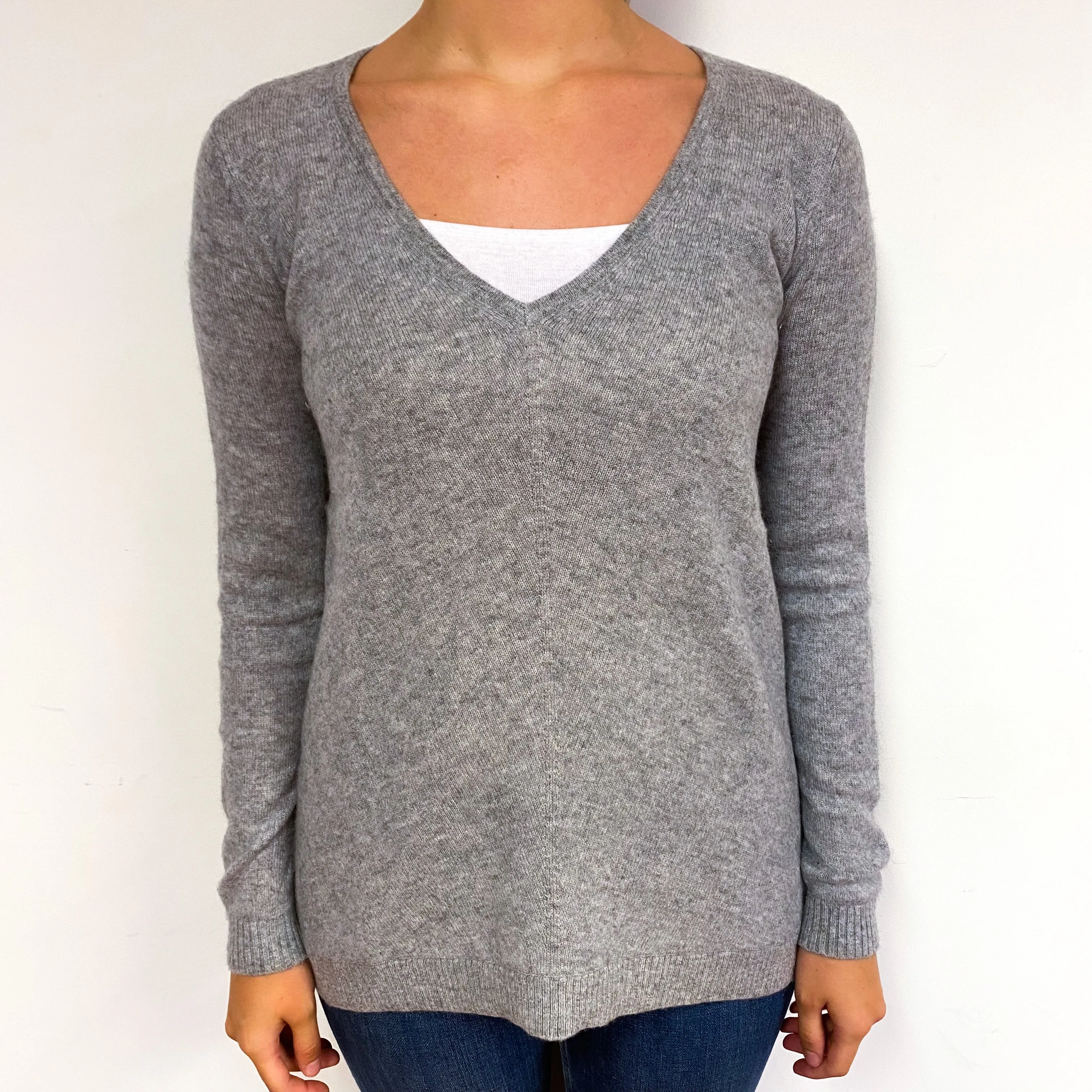 Ash Grey A-Line Cashmere V-Neck Jumper Small