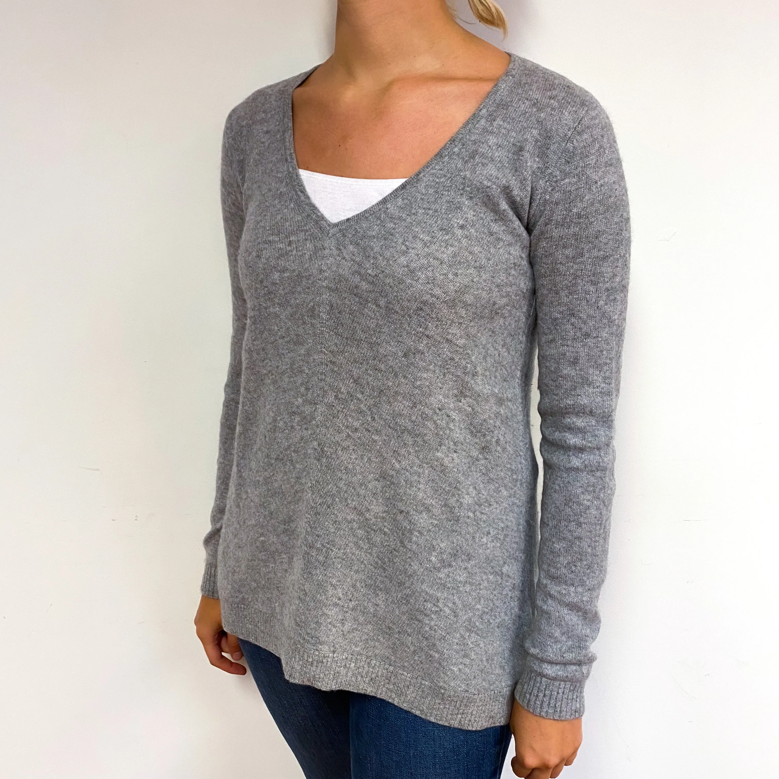 Ash Grey A-Line Cashmere V-Neck Jumper Small