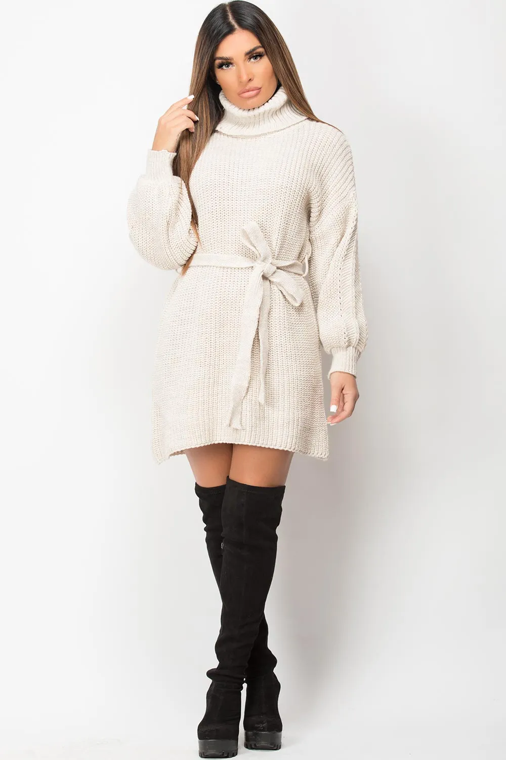 Beige Cowl Neck Knitted Jumper Dress