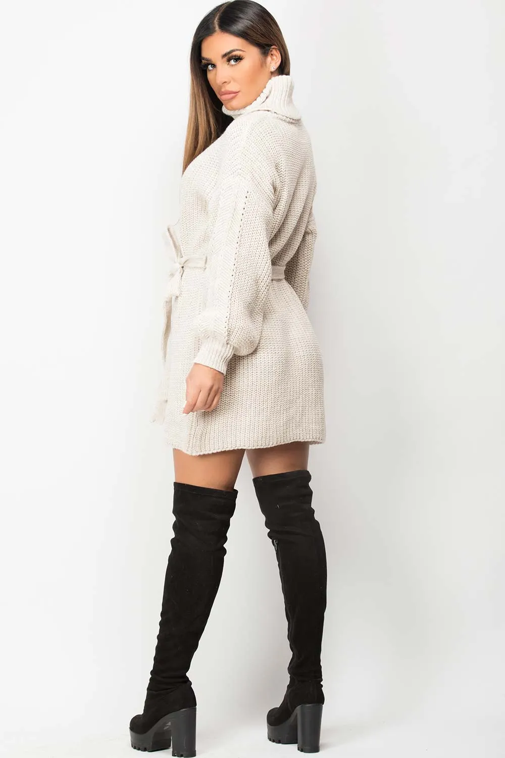 Beige Cowl Neck Knitted Jumper Dress