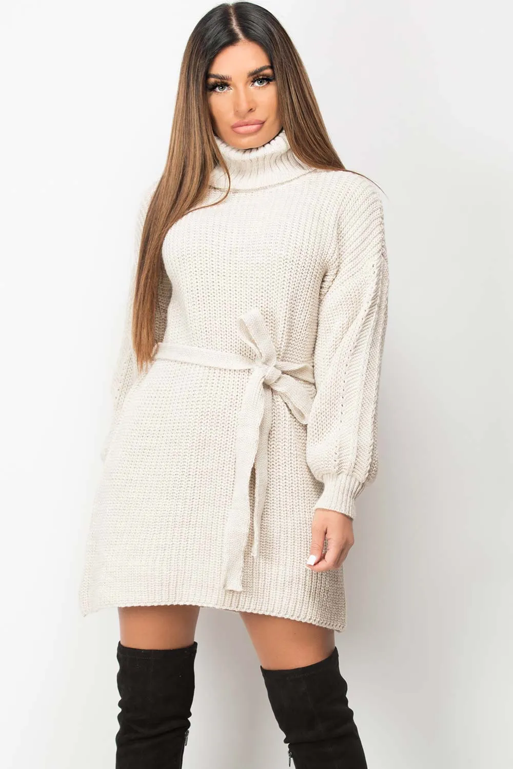 Beige Cowl Neck Knitted Jumper Dress