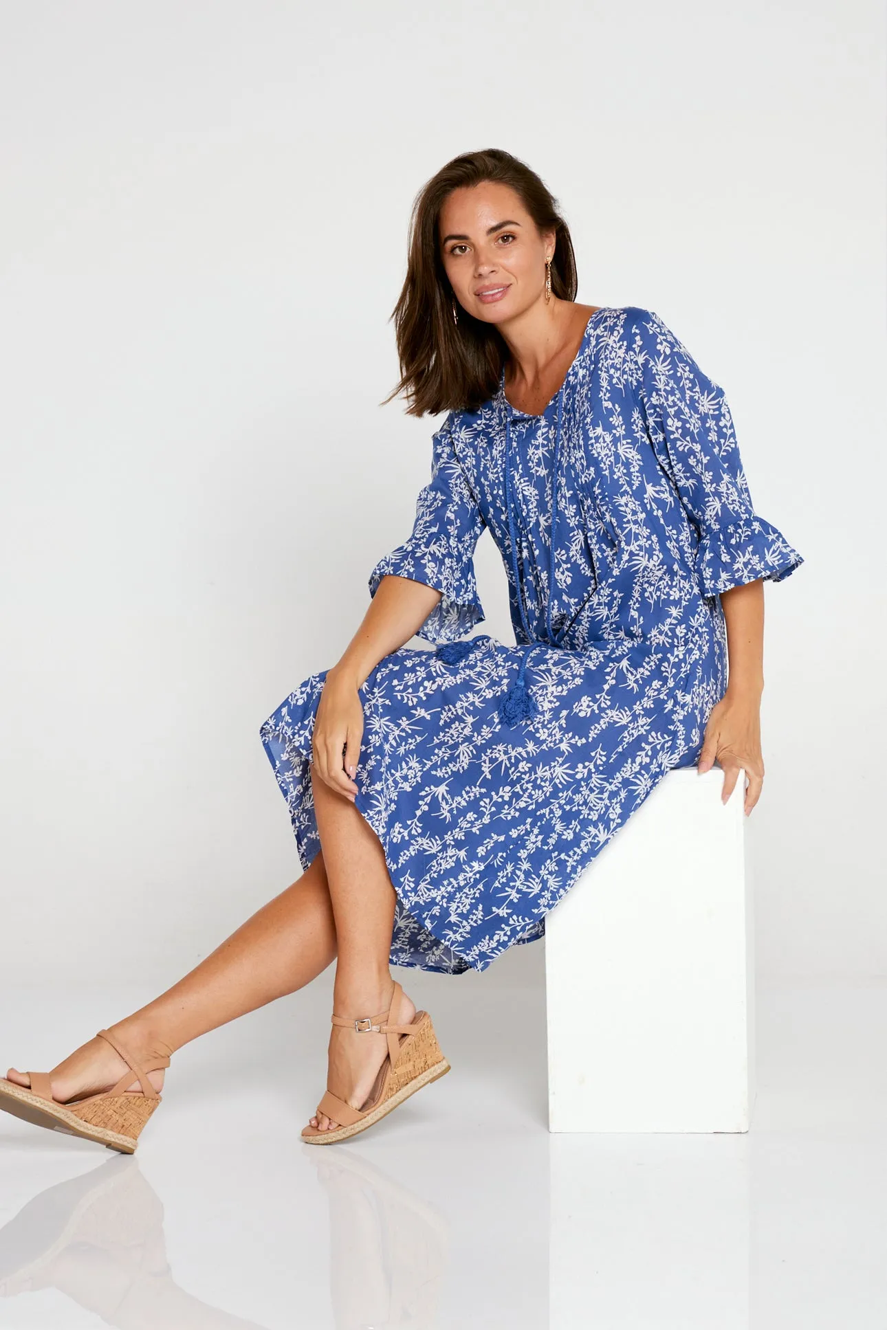 Bethany Cotton Dress - Blue Floral