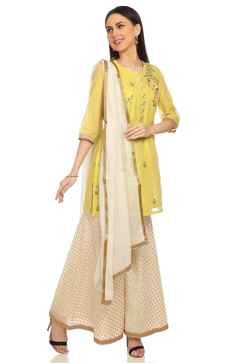 BIBA Women's Lime Green Straight Poly Cotton Kurta Garara Suit Set