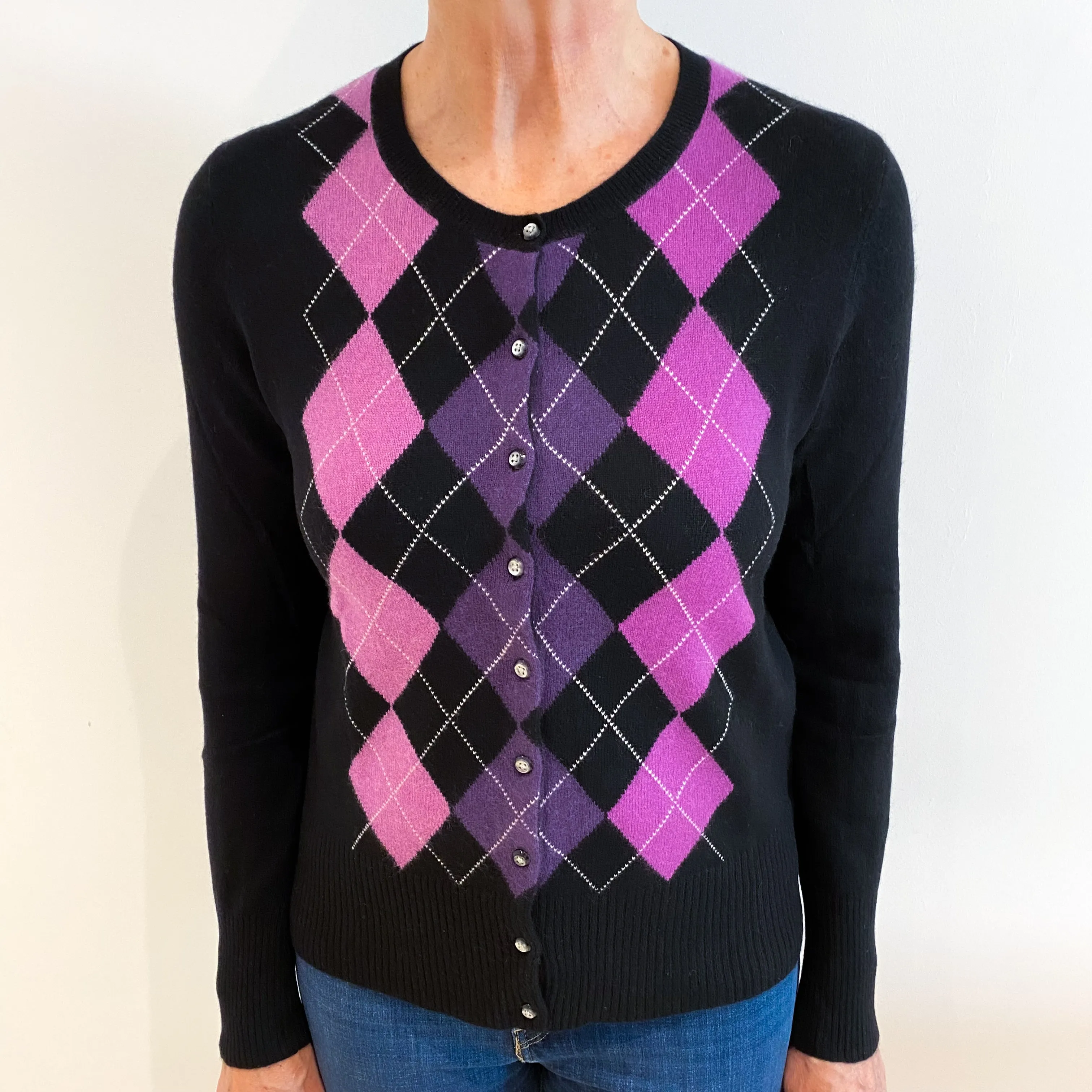 Black Argyle Pattern Cashmere Crew Neck Cardigan Medium