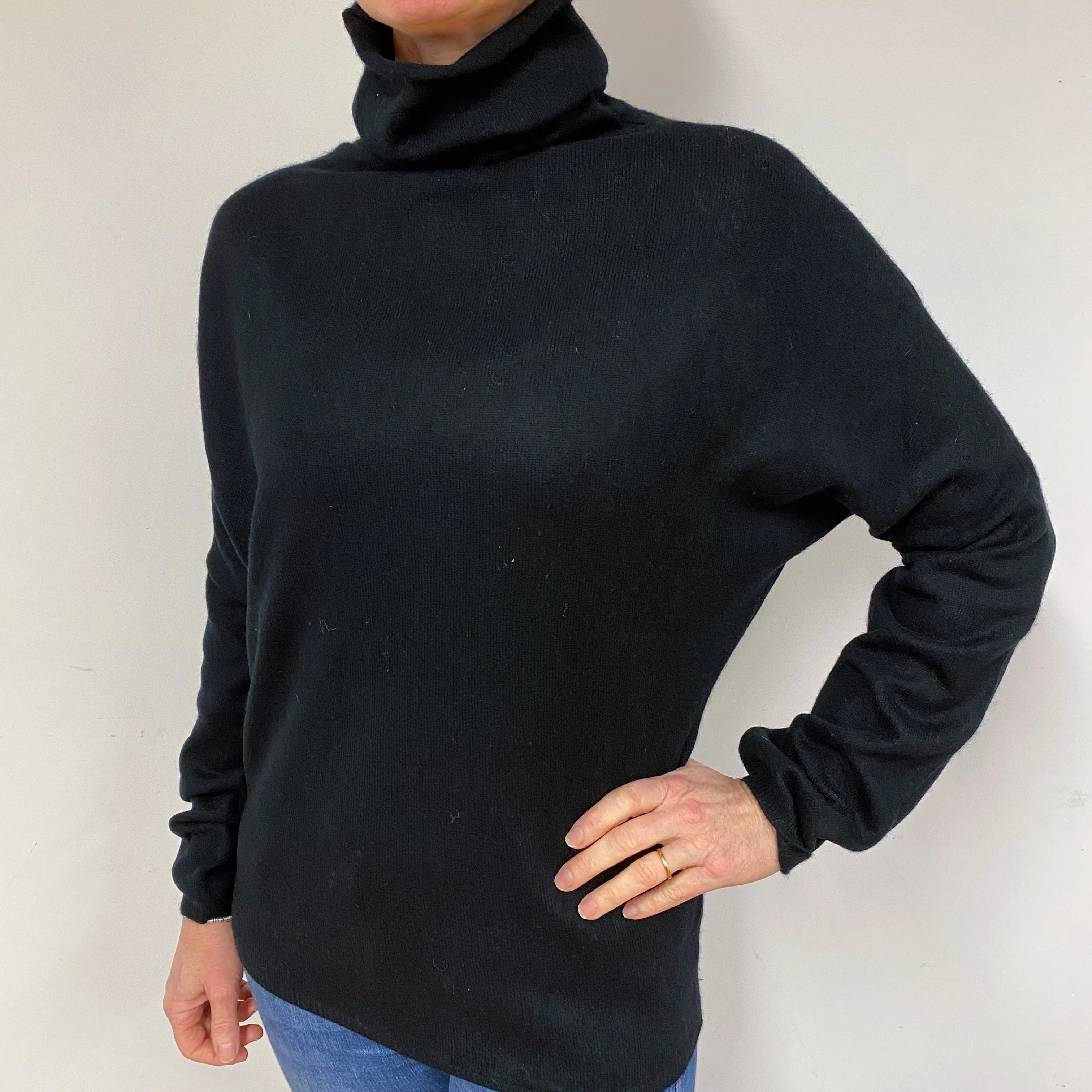 Black Batwing Cashmere Polo Neck Jumper Medium