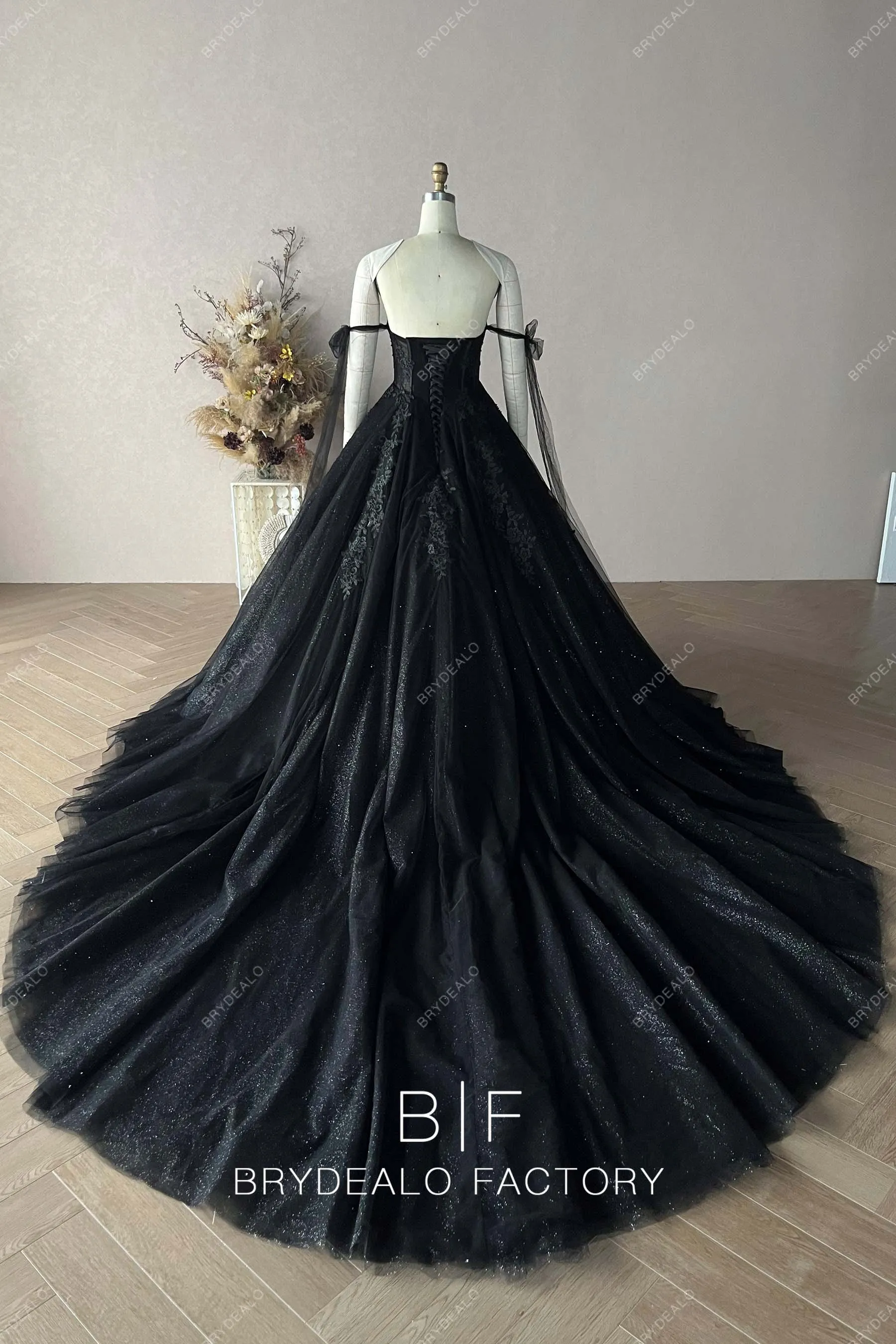 Black Glitter Private Label Illusion Corset Ball Gown Wedding Dress