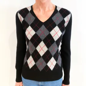 Black Grey Argyle Cashmere V Neck Jumper Small