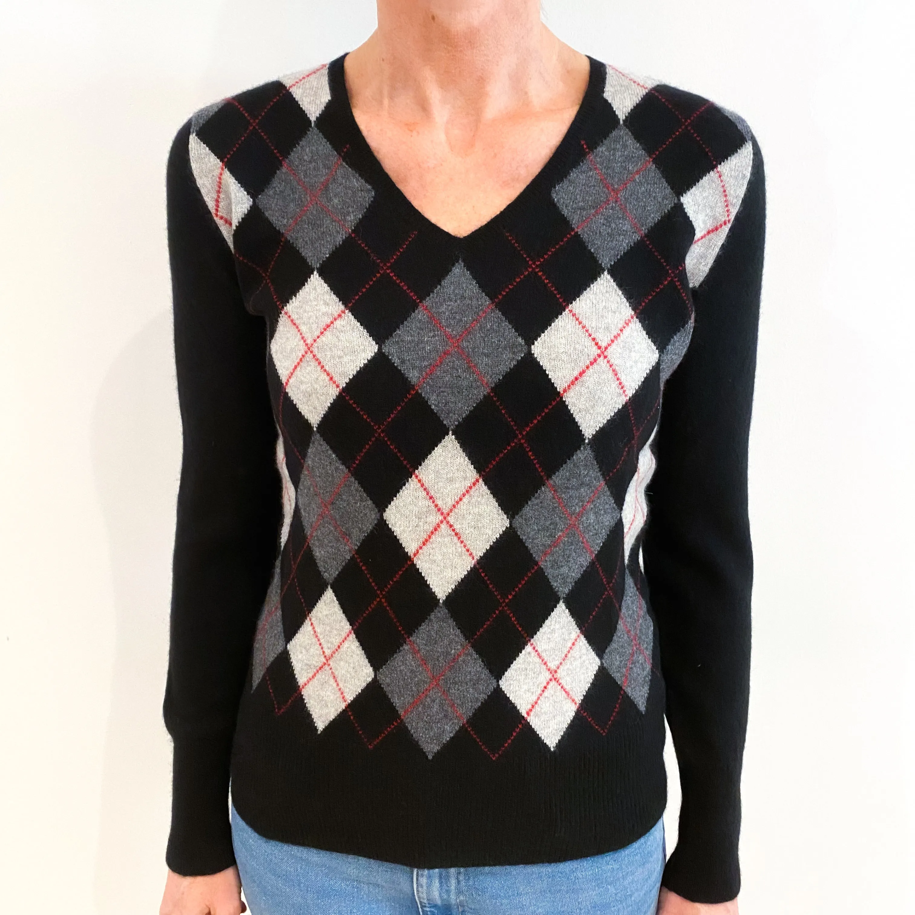 Black Grey Argyle Cashmere V Neck Jumper Small