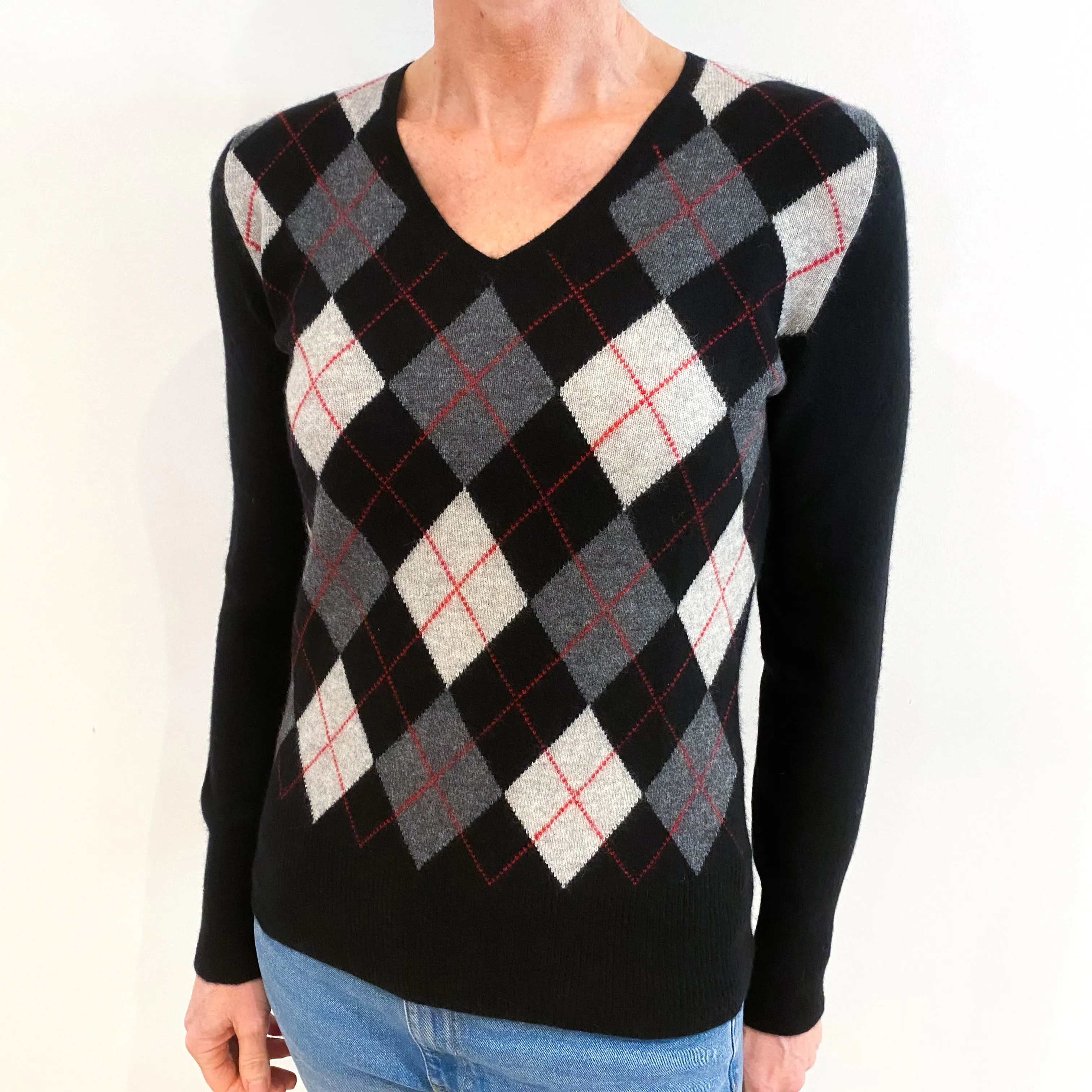 Black Grey Argyle Cashmere V Neck Jumper Small