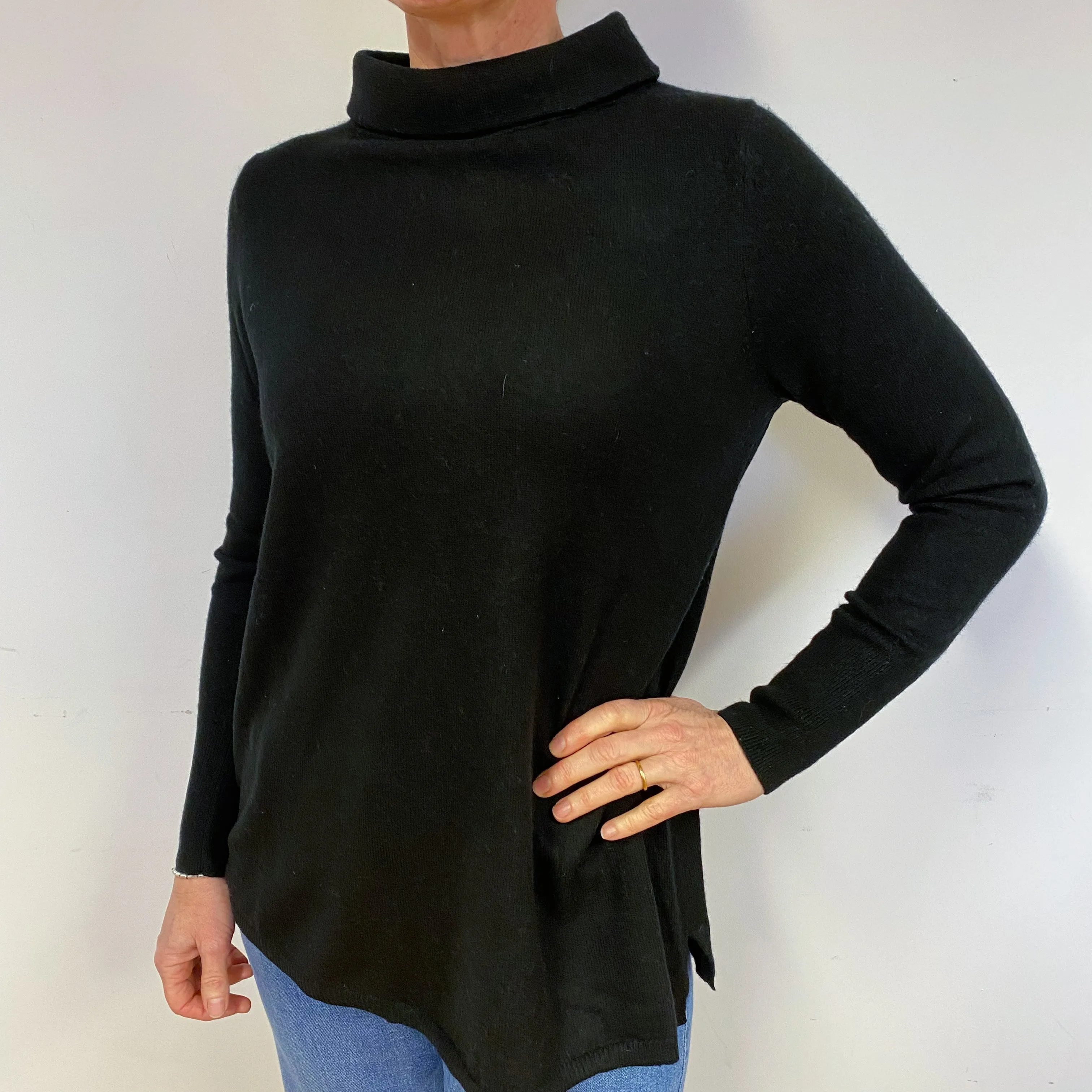 Black Longline Cashmere Roll Neck Jumper Medium