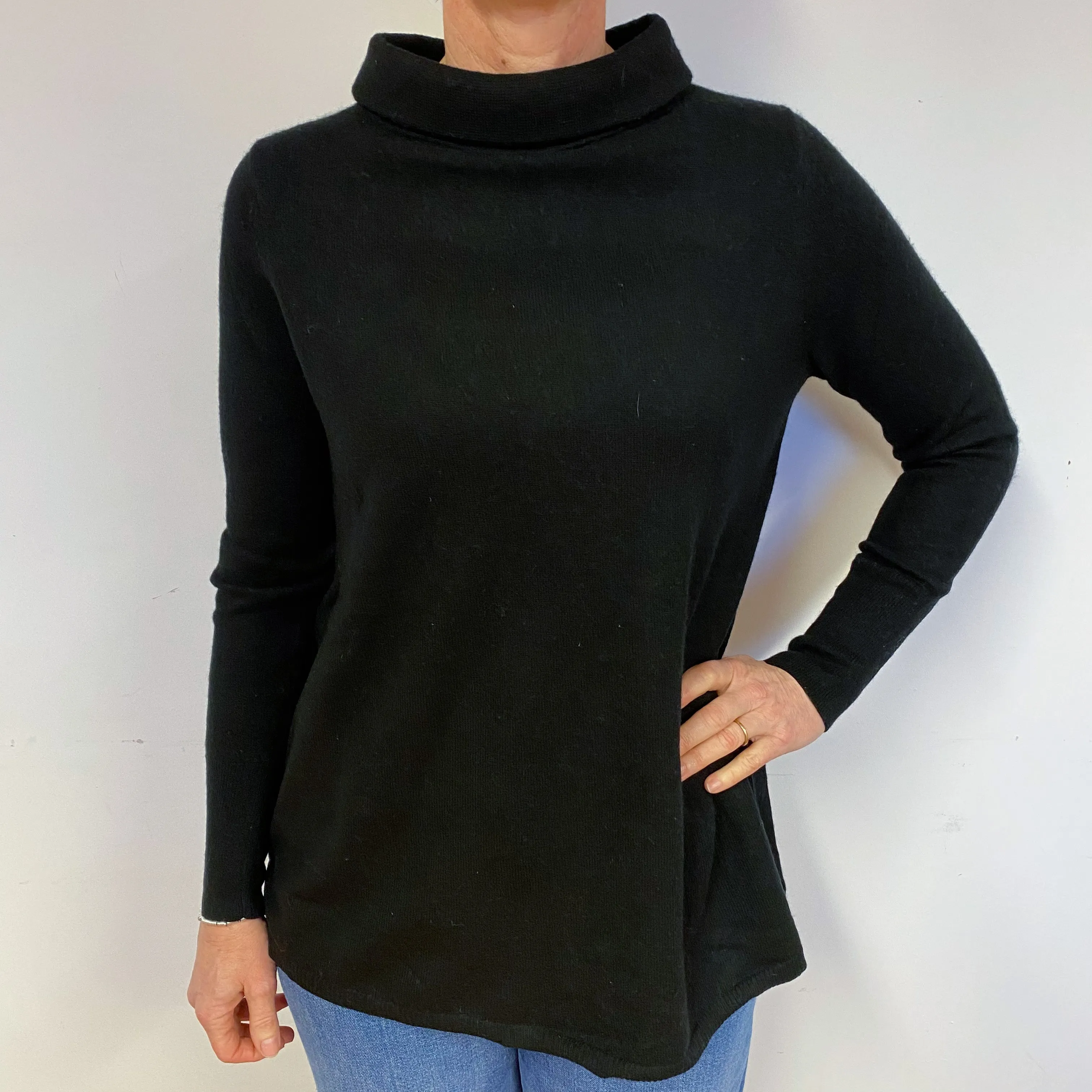 Black Longline Cashmere Roll Neck Jumper Medium