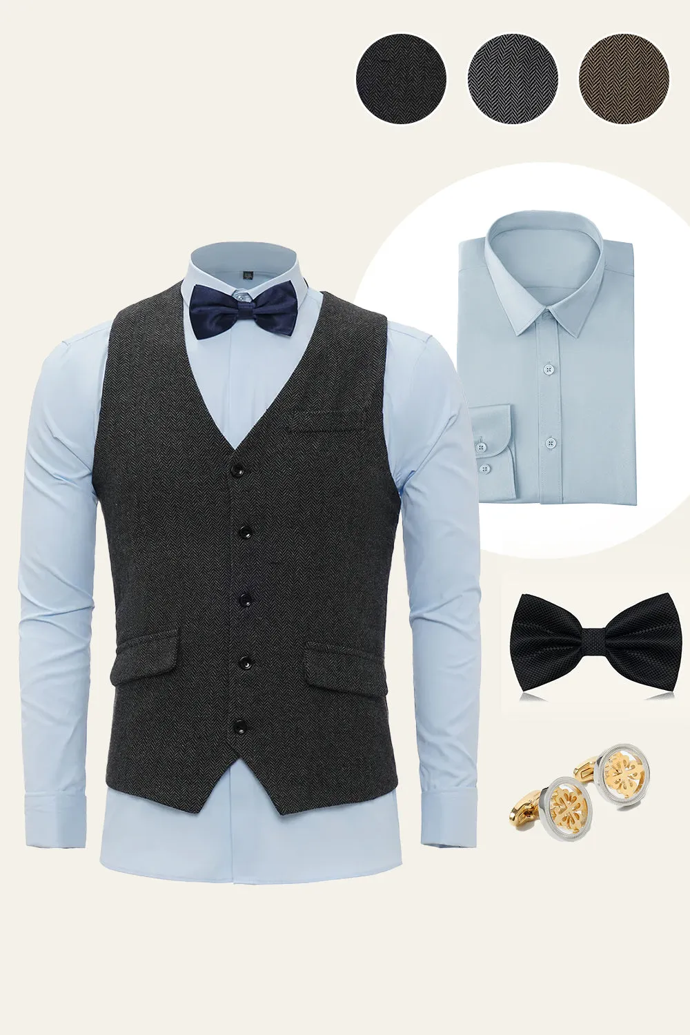 Black Single Breasted Men's Suit Vest 4-Piece Set