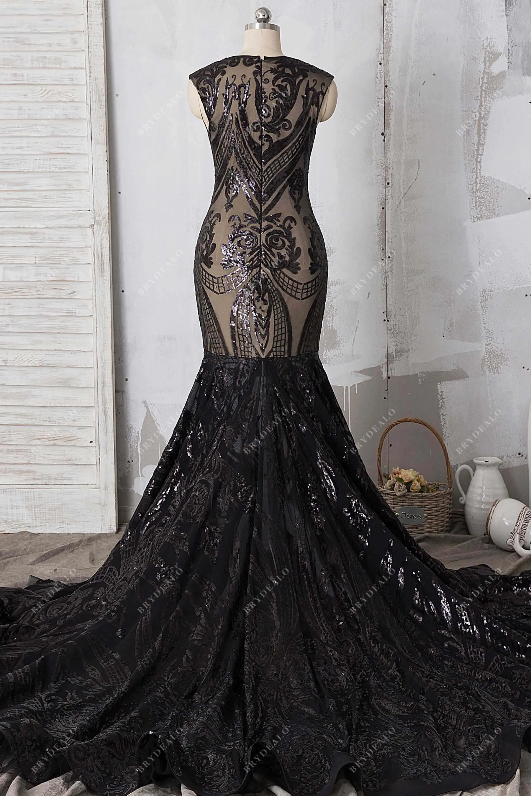 Black Unique Sequin Mermaid Long Train Prom Dress