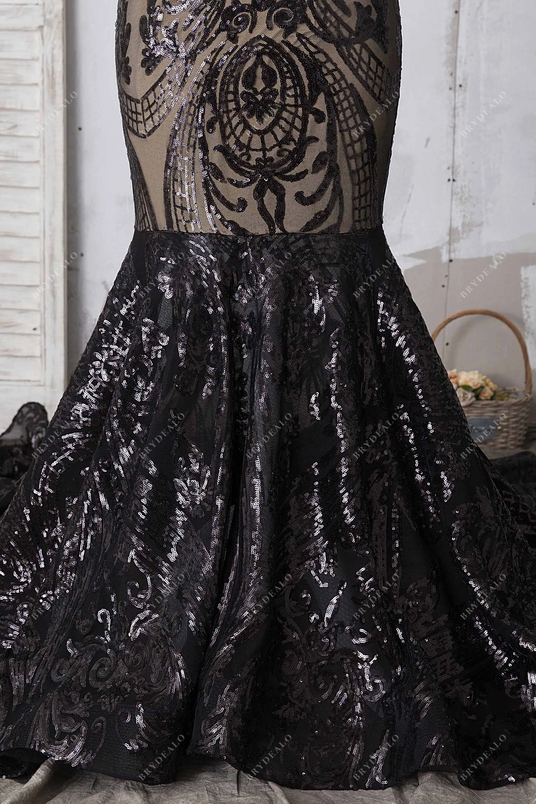 Black Unique Sequin Mermaid Long Train Prom Dress