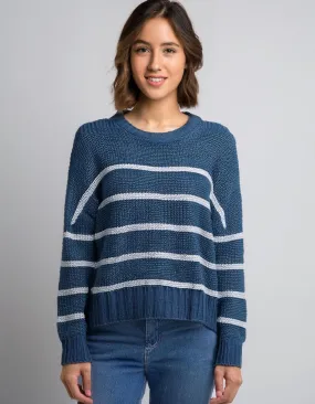 Blue and White Striped Knit Pullover