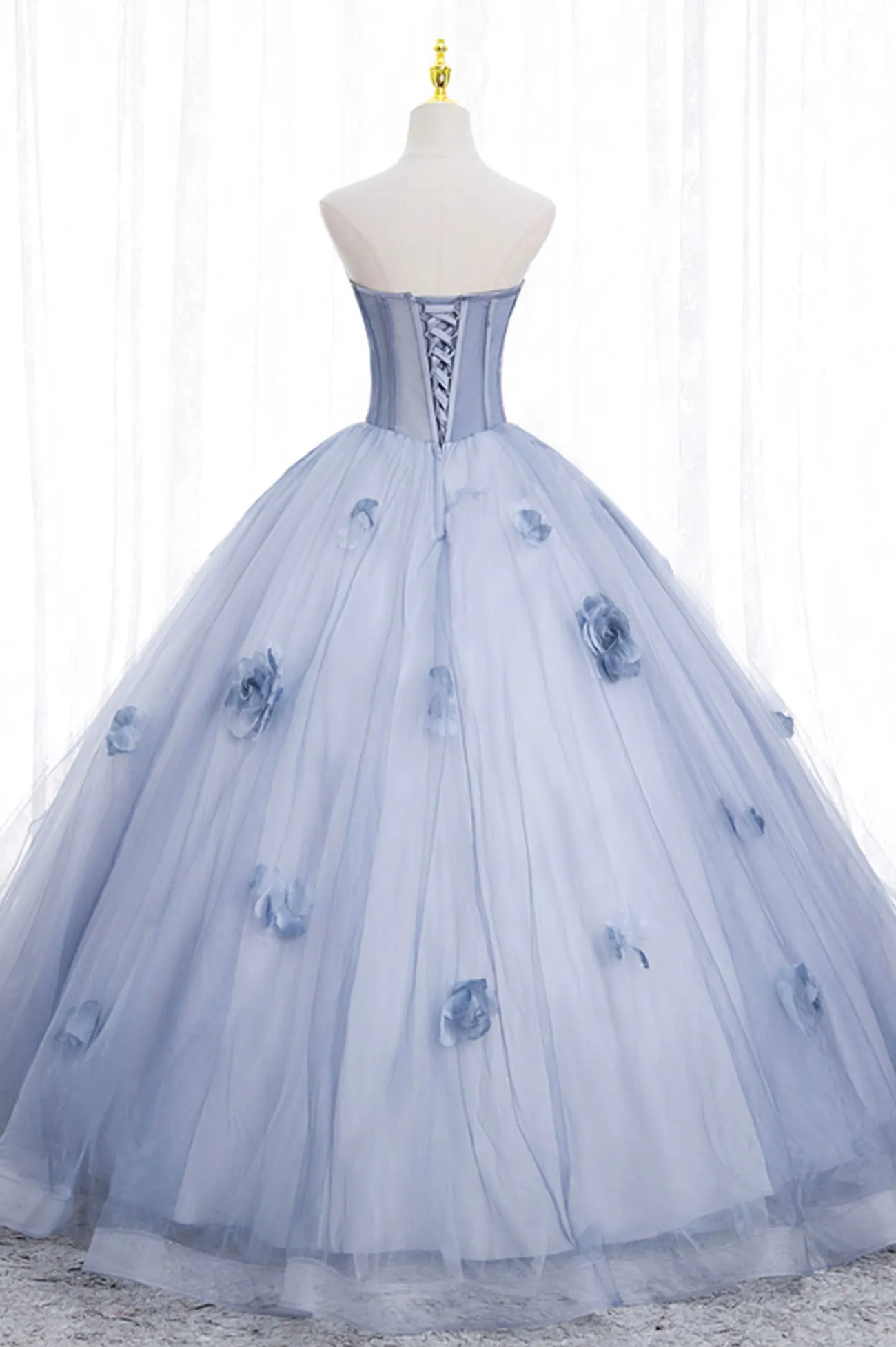 Blue Tulle Long Sleeves Formal Dress with Flowers, Blue A-Line Prom Dress