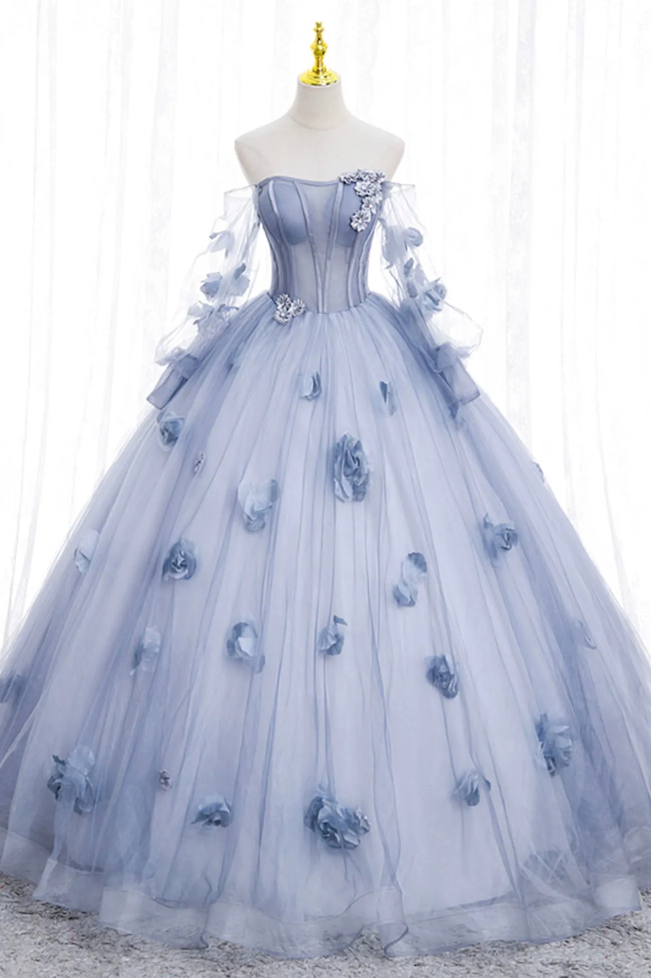 Blue Tulle Long Sleeves Formal Dress with Flowers, Blue A-Line Prom Dress