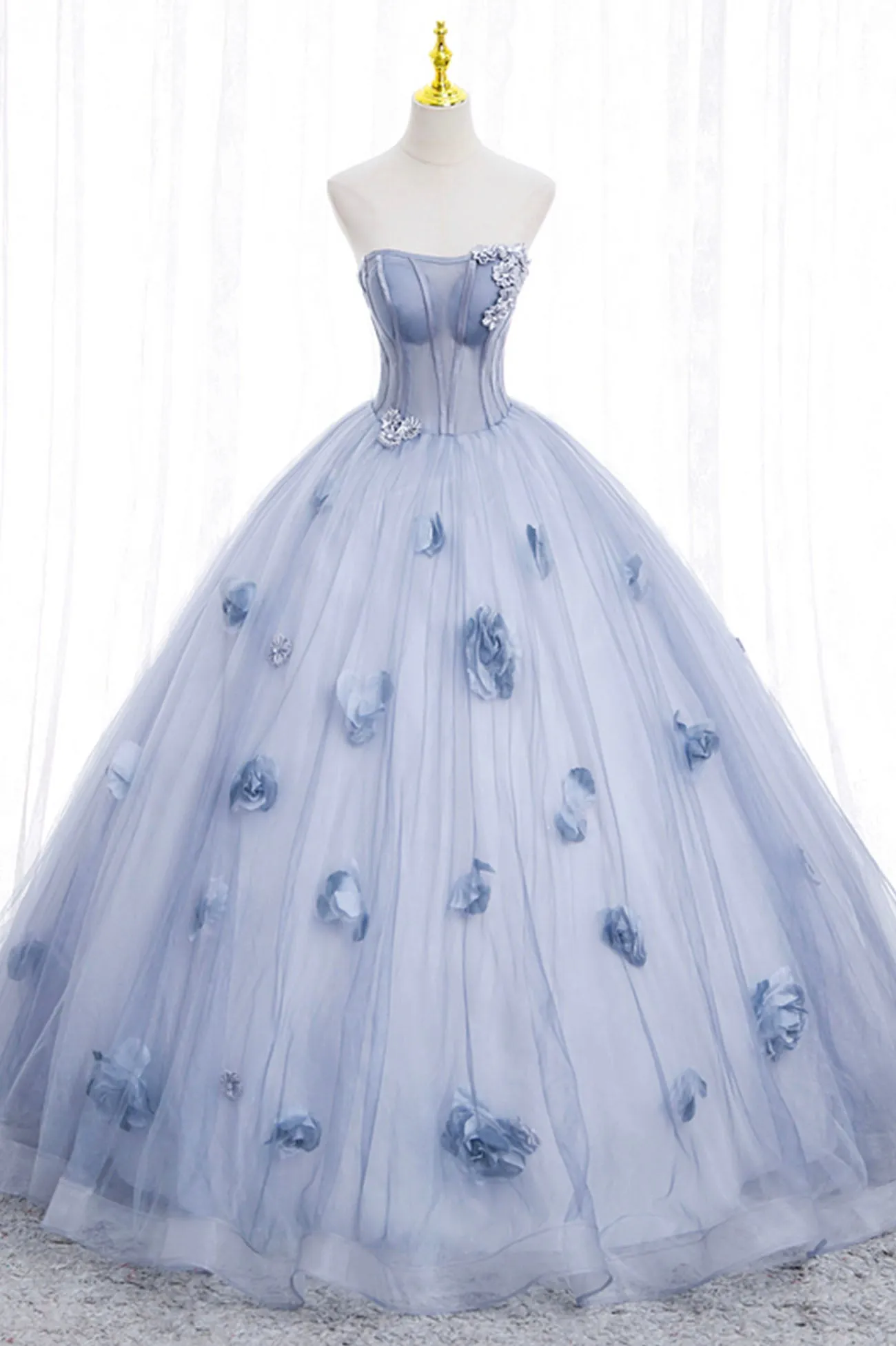 Blue Tulle Long Sleeves Formal Dress with Flowers, Blue A-Line Prom Dress