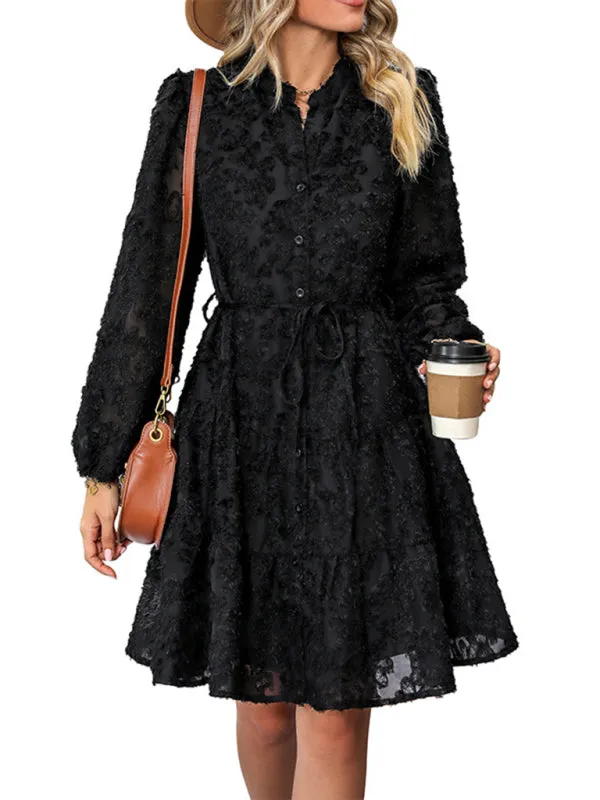 Boho Little Black Dress Three Dimensional Floral Long Sleeve Round Neck Dress