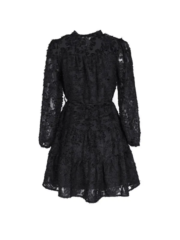 Boho Little Black Dress Three Dimensional Floral Long Sleeve Round Neck Dress