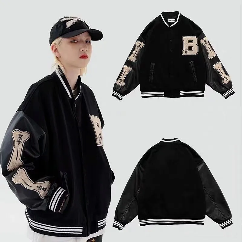 Bone Varsity Jacket Spring and Autumn Loose Baseball Uniform Vintage Jacket Coat