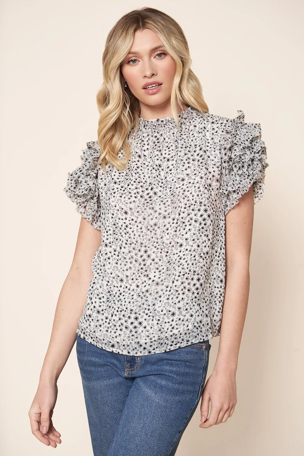 Brenna Mock Neck Ruffle Leopard Blouse