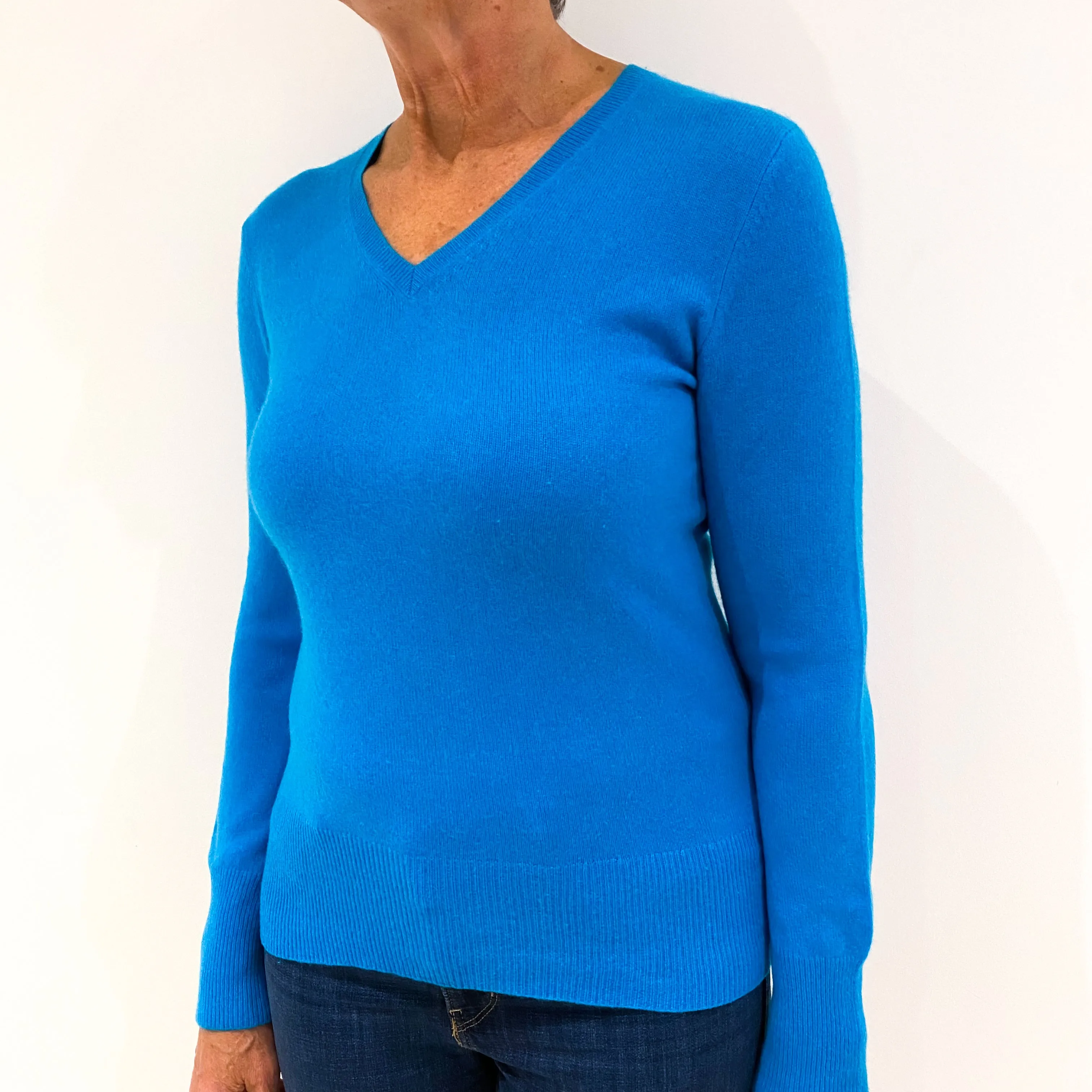 Bright Turquoise Blue Cashmere V-Neck Jumper Medium