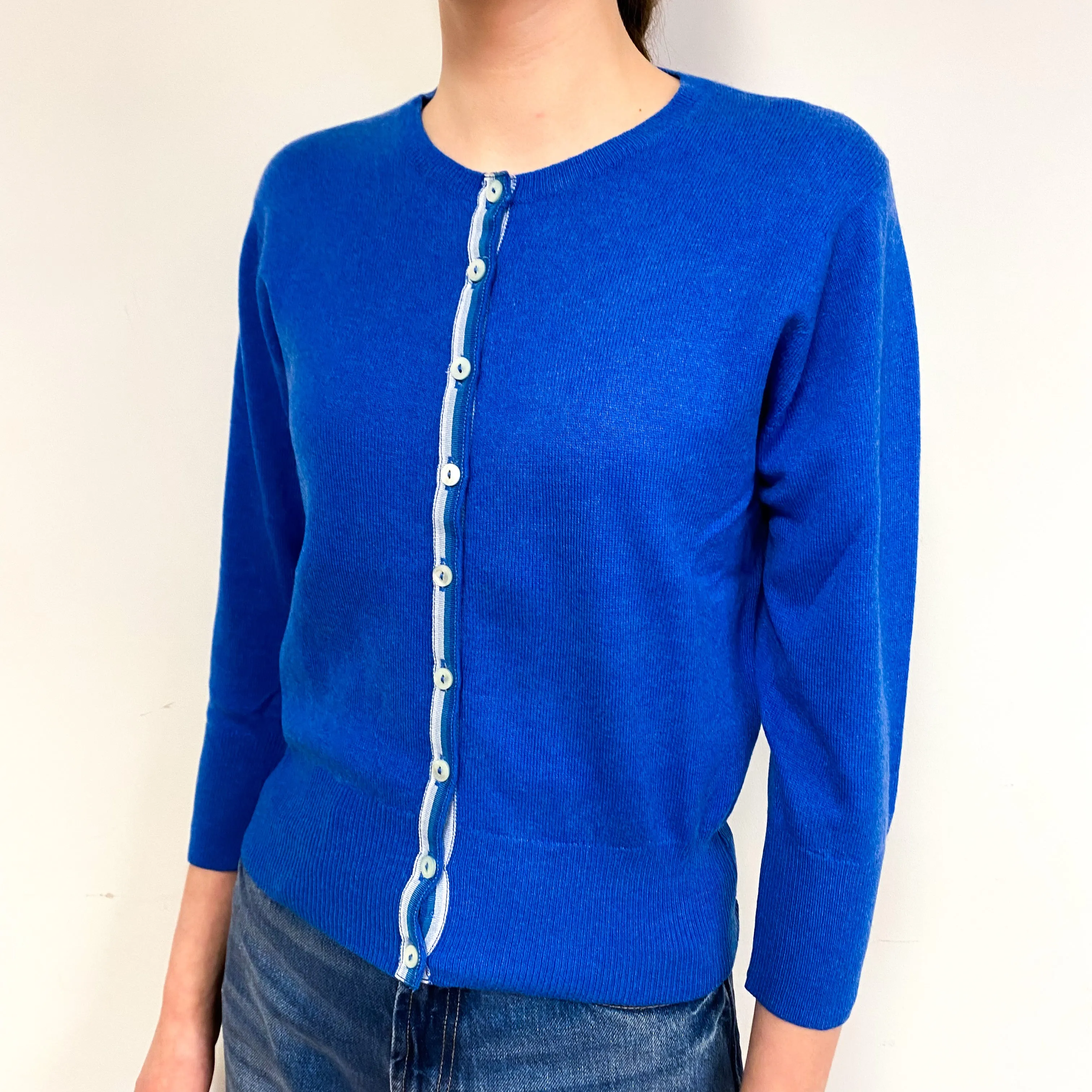 Brora Tanzanite Blue 3/4 Sleeve Cashmere Neck Cardigan Extra Small