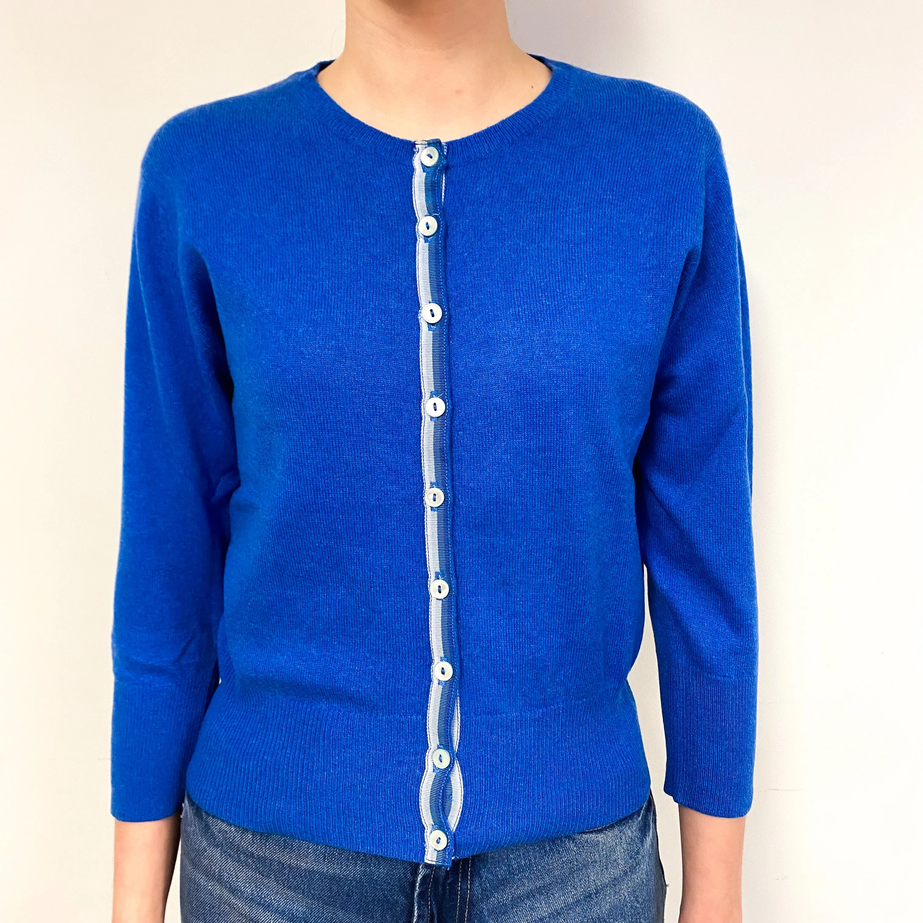 Brora Tanzanite Blue 3/4 Sleeve Cashmere Neck Cardigan Extra Small