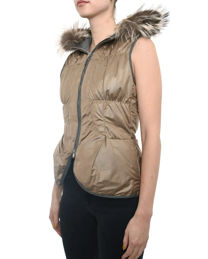 Brunello Cucinelli Light Taupe Puffer Vest with Fur Hood - XS