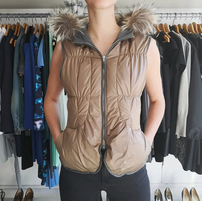 Brunello Cucinelli Light Taupe Puffer Vest with Fur Hood - XS