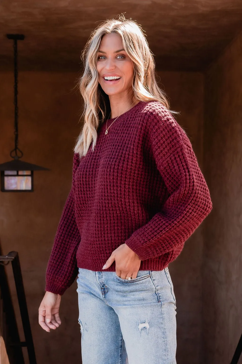 Burgundy Ribbed Waffle Knit Sweater