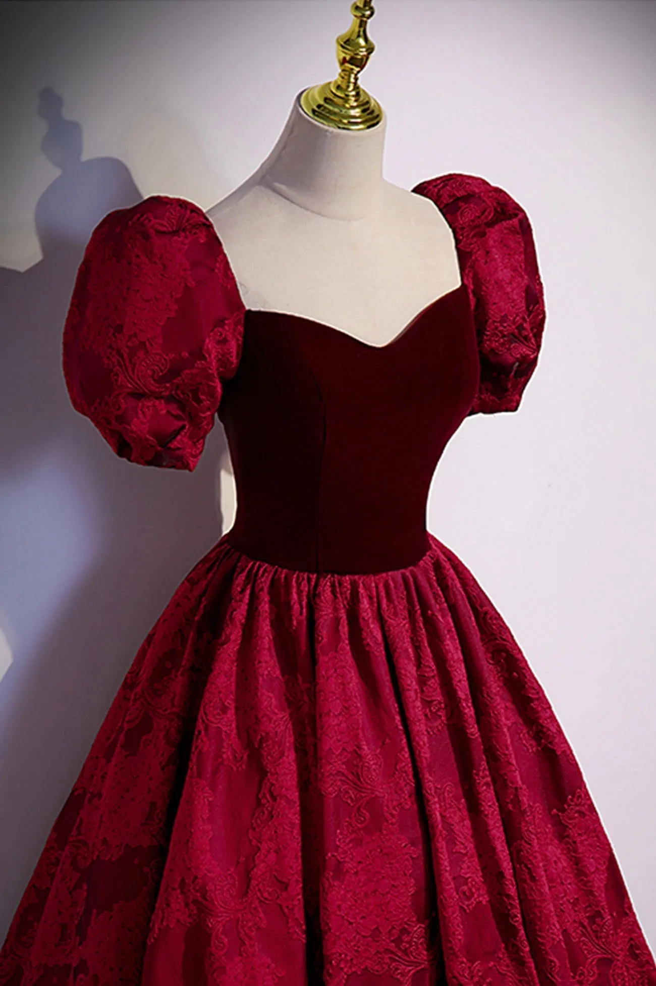 Burgundy Velvet Long A-Line Prom Dress, Short Sleeve Evening Dress