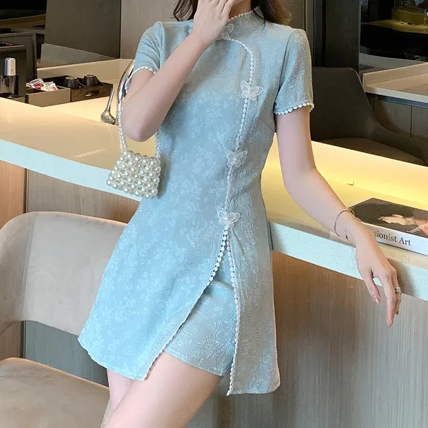 Butterfly Button Slit Cheongsam Dress Shorts Set