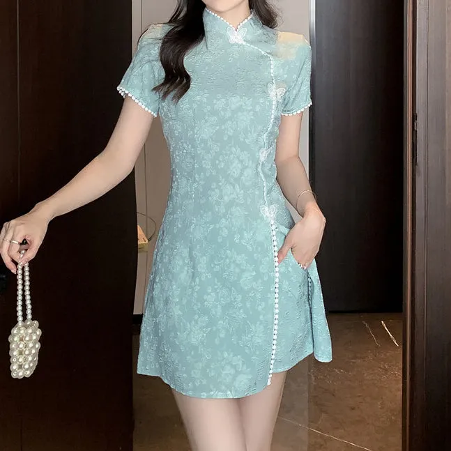 Butterfly Button Slit Cheongsam Dress Shorts Set