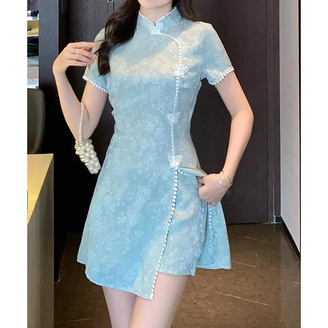 Butterfly Button Slit Cheongsam Dress Shorts Set