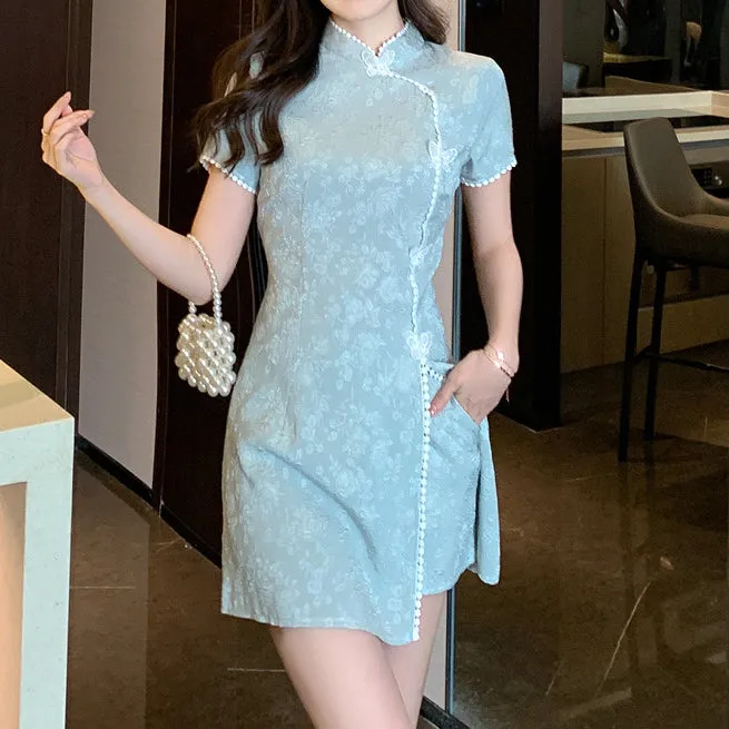 Butterfly Button Slit Cheongsam Dress Shorts Set